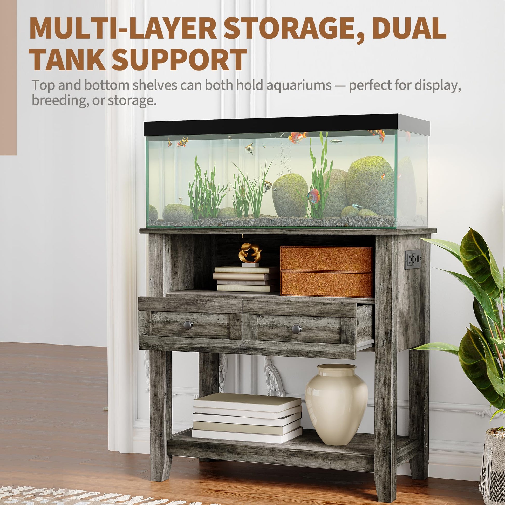 Meuble pour aquarium Garvee 20-29 gallons avec station de charge, tiroirs magnétiques, pour salon, 80 x 40 x 78 cm, en bois, protection anti-basculement