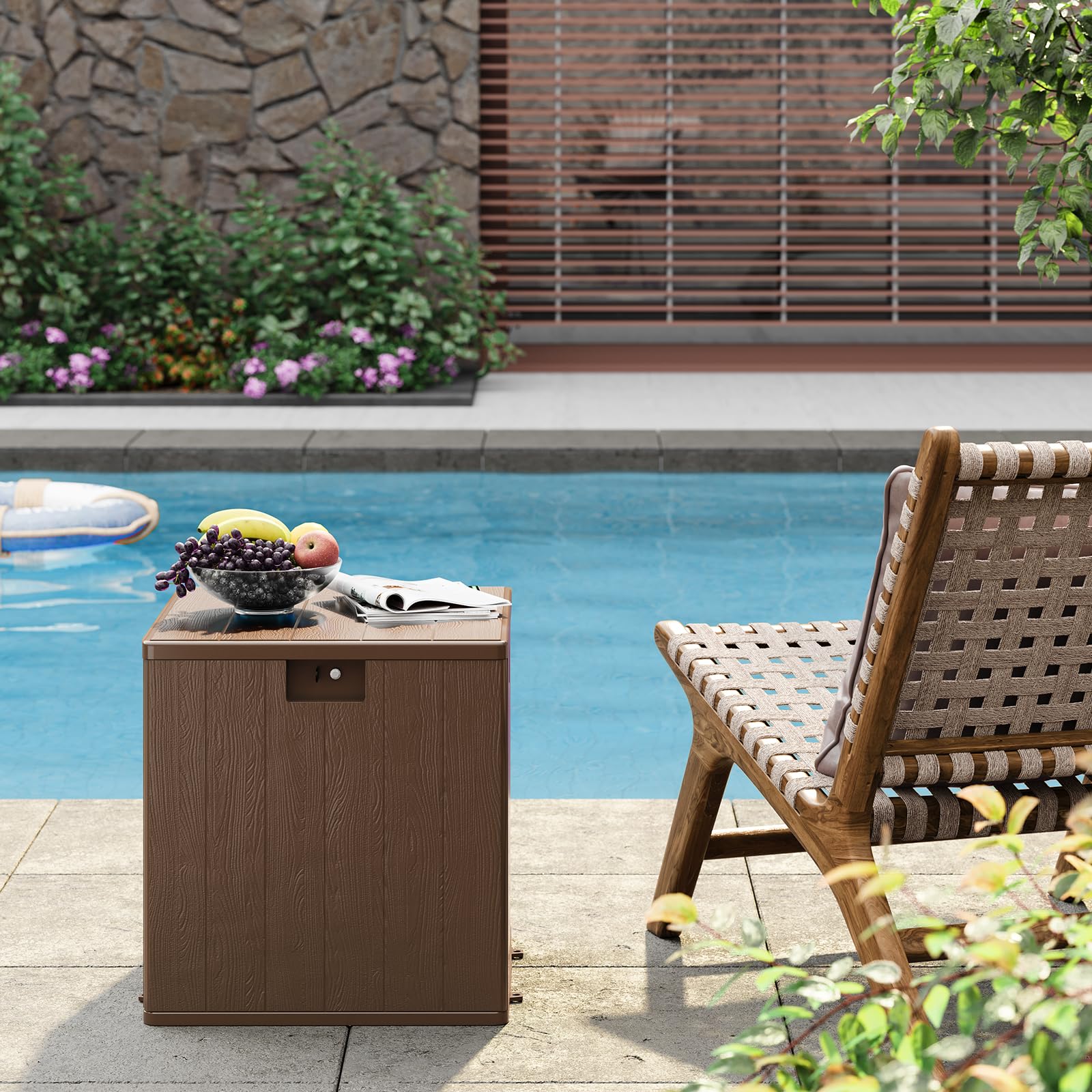 Coffre de jardin Garvee 28 gallons en résine - Résistant aux intempéries et aux UV - Verrouillable et portable - Marron - Pour jardin et terrasse