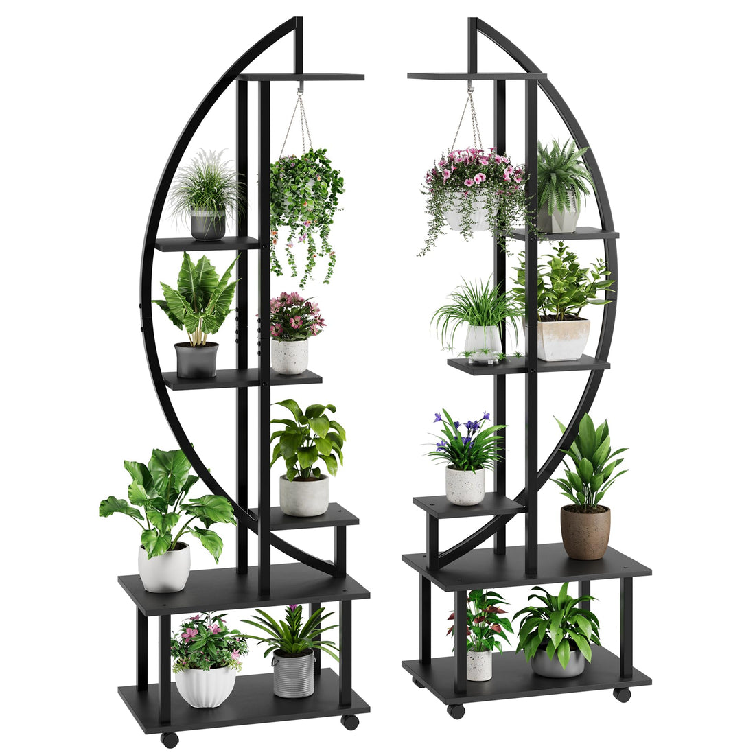 Ensemble Garvee de 2 pièces : support à plantes en métal à 6 niveaux avec roulettes amovibles et étagères en bois en forme de croissant, pour l'intérieur et le jardin, 175 cm (69 pouces), noir.