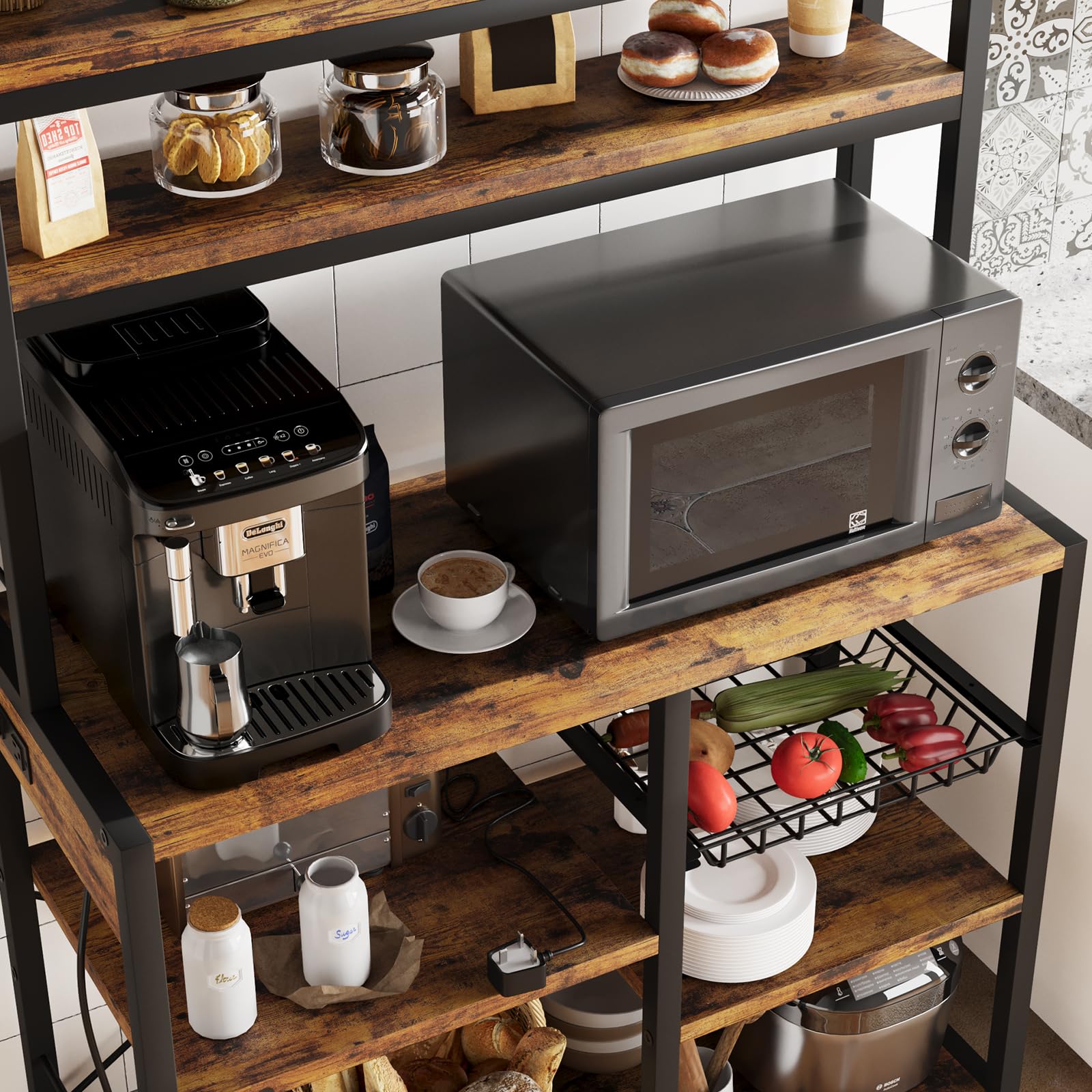 Étagère de boulanger Garvee avec 2 supports, panier à 5 niveaux en fil métallique, bois et métal, pour cuisine et coin café, 90 x 40 x 150 cm, robuste et polyvalente