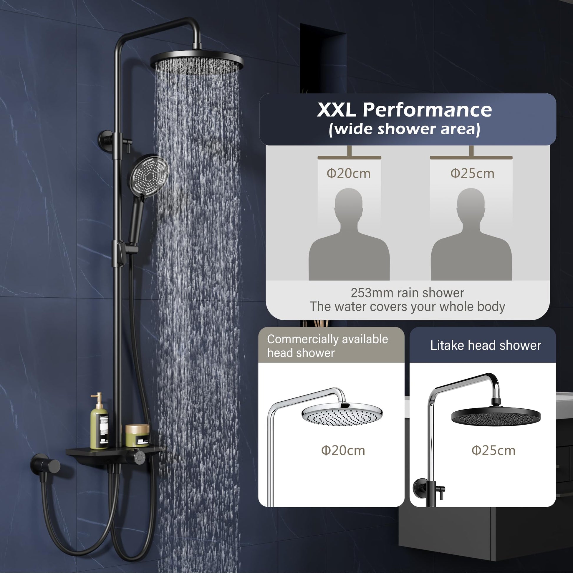 Garvee Colonne de douche réglable 3 sections en acier inoxydable 201, pommeau 24,5 cm, douchette 3 jets, design concave en TPR, noir, salle de bain moderne