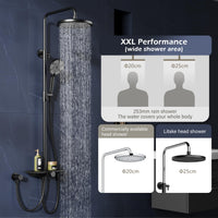 Garvee Colonne de douche réglable 3 sections en acier inoxydable 201, pommeau 24,5 cm, douchette 3 jets, design concave en TPR, noir, salle de bain moderne