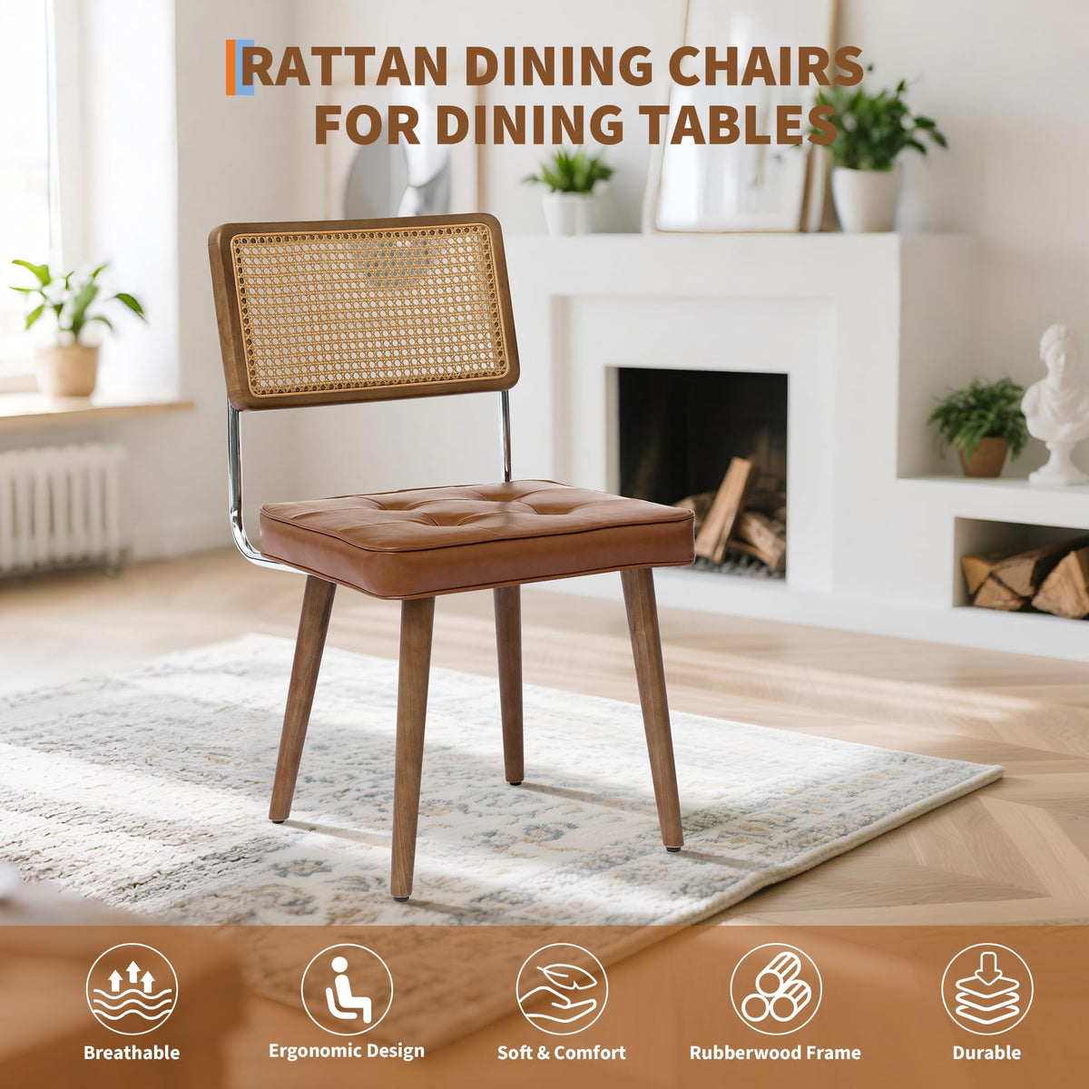 Ensemble de 2 chaises de salle à manger Garvee en rotin style Mid-Century, avec dossier tissé à la main, assise rembourrée, structure en bois et revêtement en similicuir marron, pour la cuisine et la salle à manger.