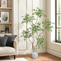 Plante Nandina artificielle Garvee de 1,5 m avec pot en céramique grise, idéale pour la décoration intérieure du salon ou du bureau. Entretien facile, feuilles réalistes.
