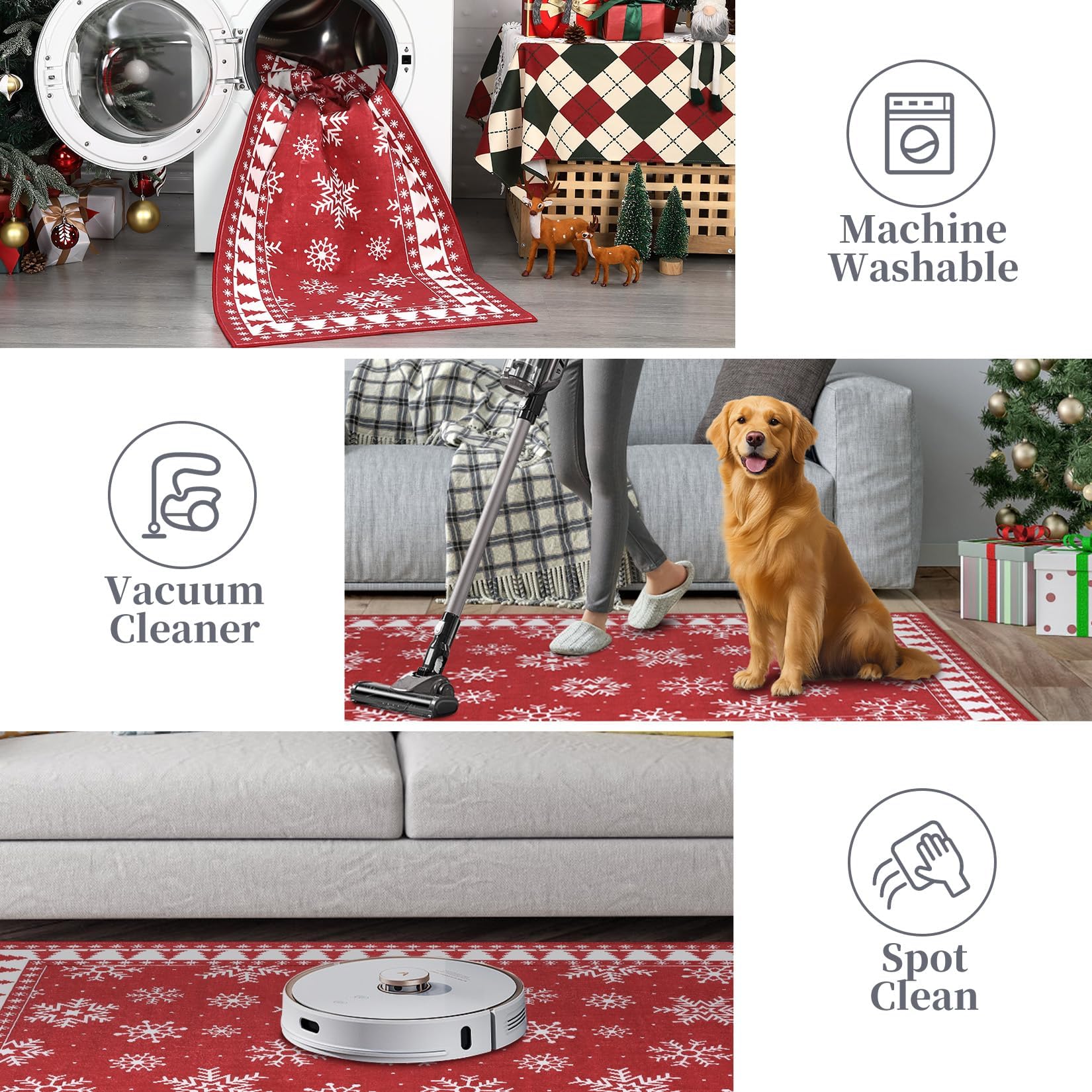 Tapis de Noël Garvee rouge 120x170 cm avec flocons de neige et sapin de Noël pour salon et chambre, lavable, antidérapant en TPR, à poils courts