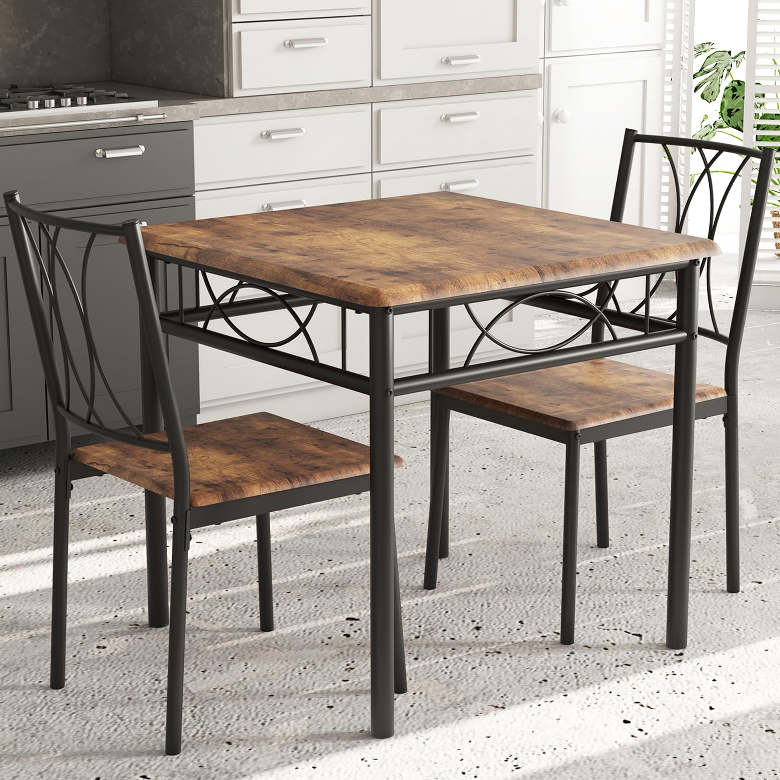 Ensemble de salle à manger Garvee 3 pièces pour 2 personnes, carré, gain de place, plateau robuste en MDF, chaises ergonomiques en bois, brun rustique, compact pour les petits espaces