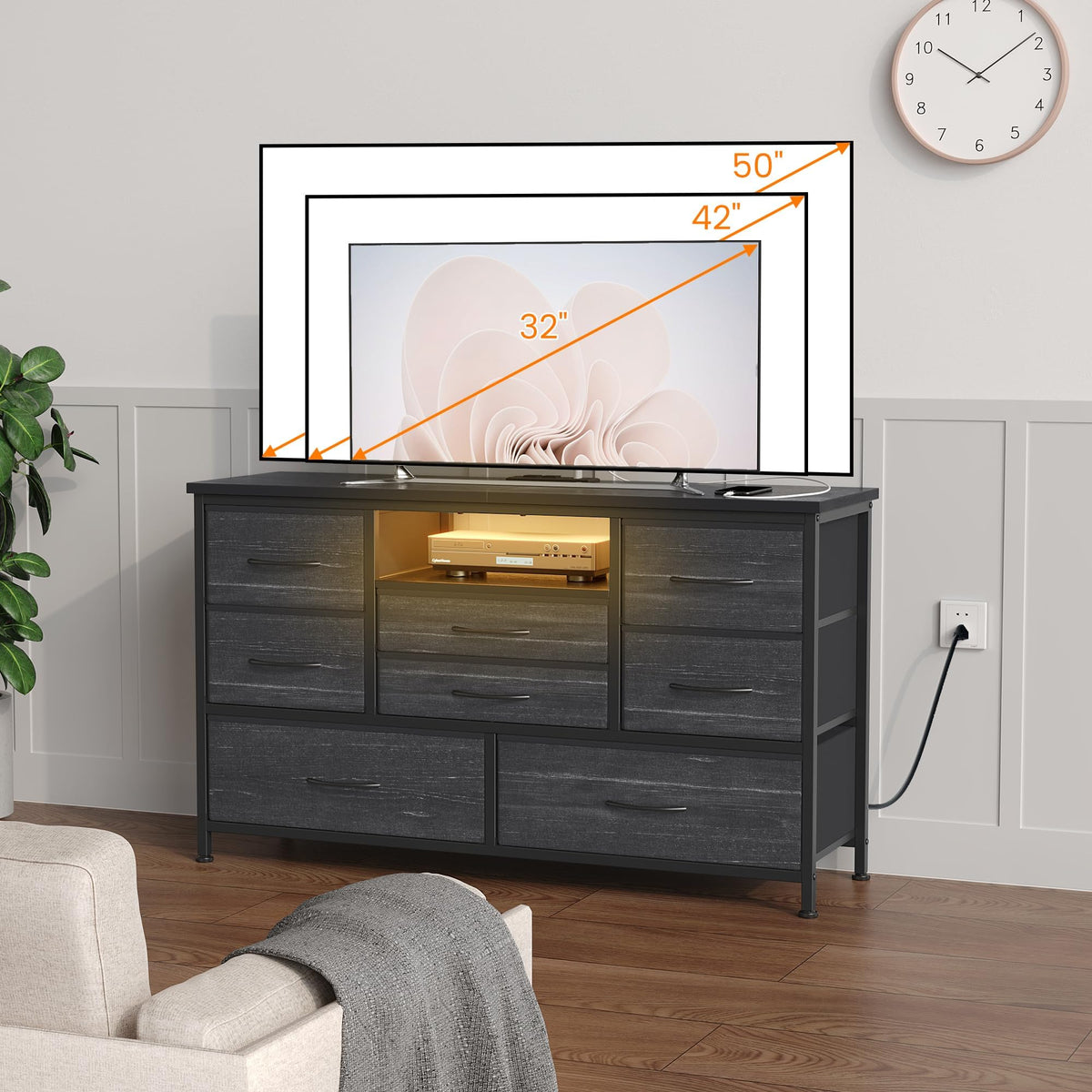 Garvee commode à 8 tiroirs, 3 prises électriques et 2 ports USB, meuble TV avec éclairage LED pour chambre, salon ou entrée, 120 cm, gris