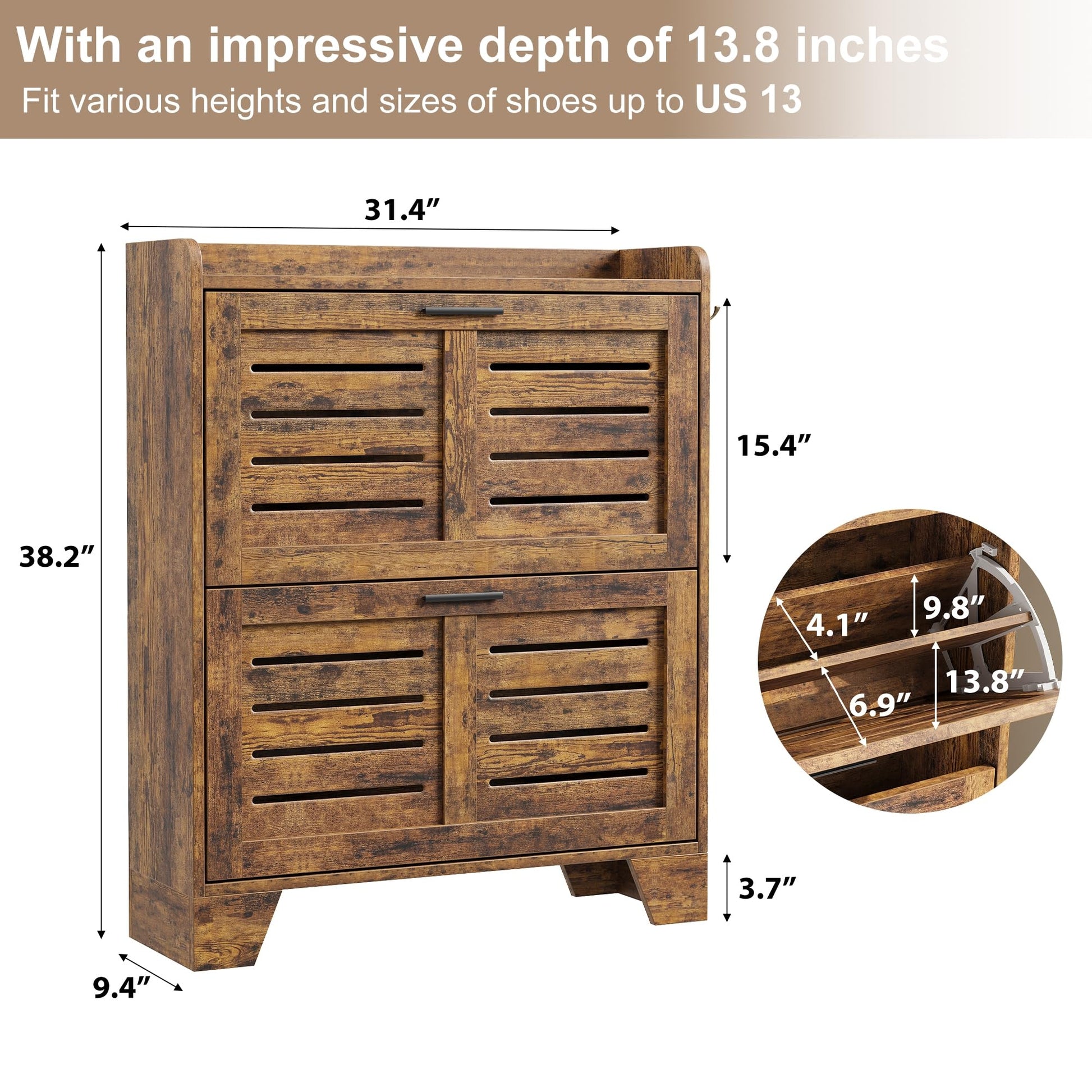 Meuble à chaussures Garvee pour entrée avec 2 tiroirs abattants, organisateur de chaussures étroit en bois P2, ventilé, résistant aux rayures, avec crochets pour entrée et garage, 35 cm, couleur bois