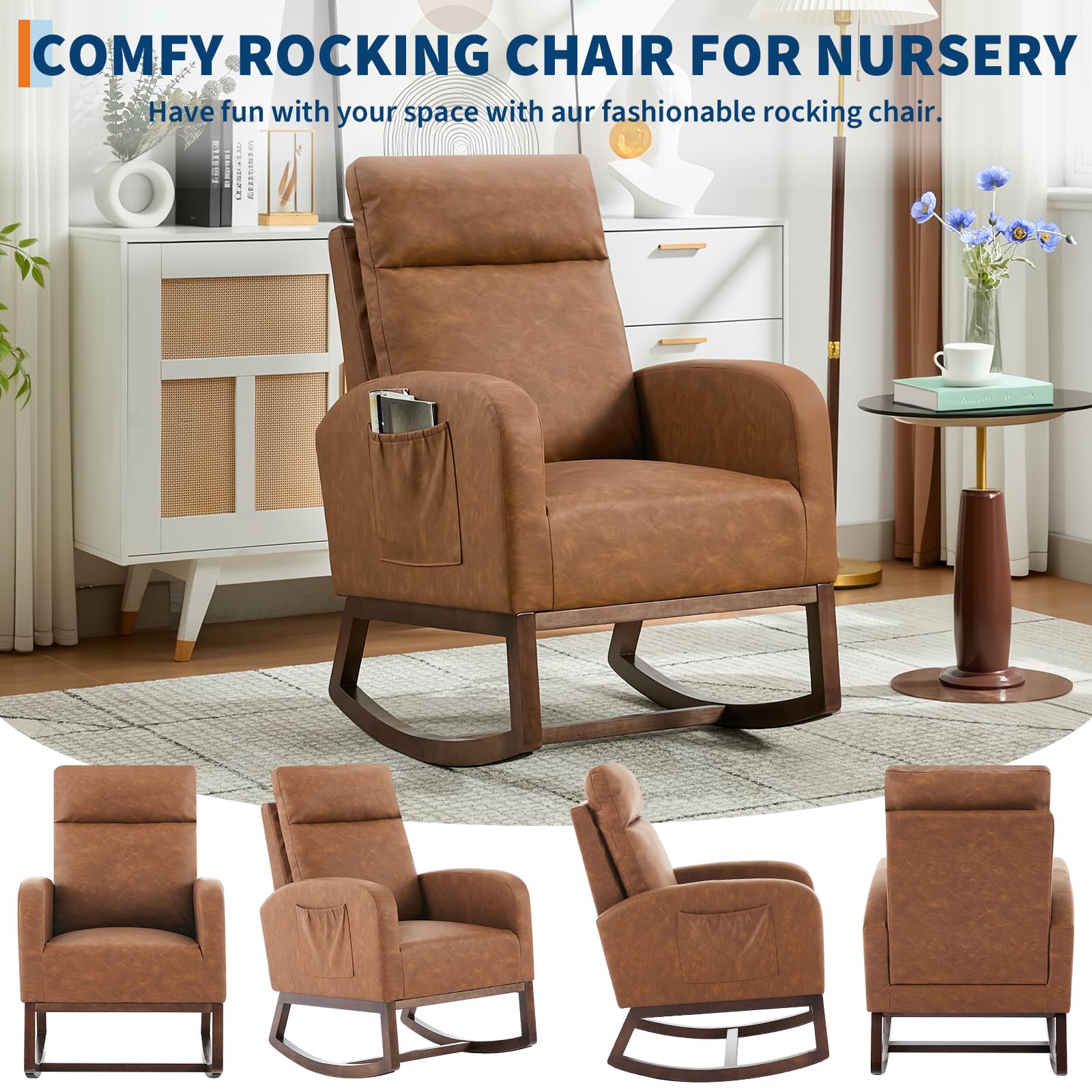 Fauteuil à bascule moderne Garvee pour chambre d'enfant, en cuir PU, avec dossier haut de 66 cm, ergonomique et stable, et poche latérale, noir. Idéal pour le salon et la chambre.