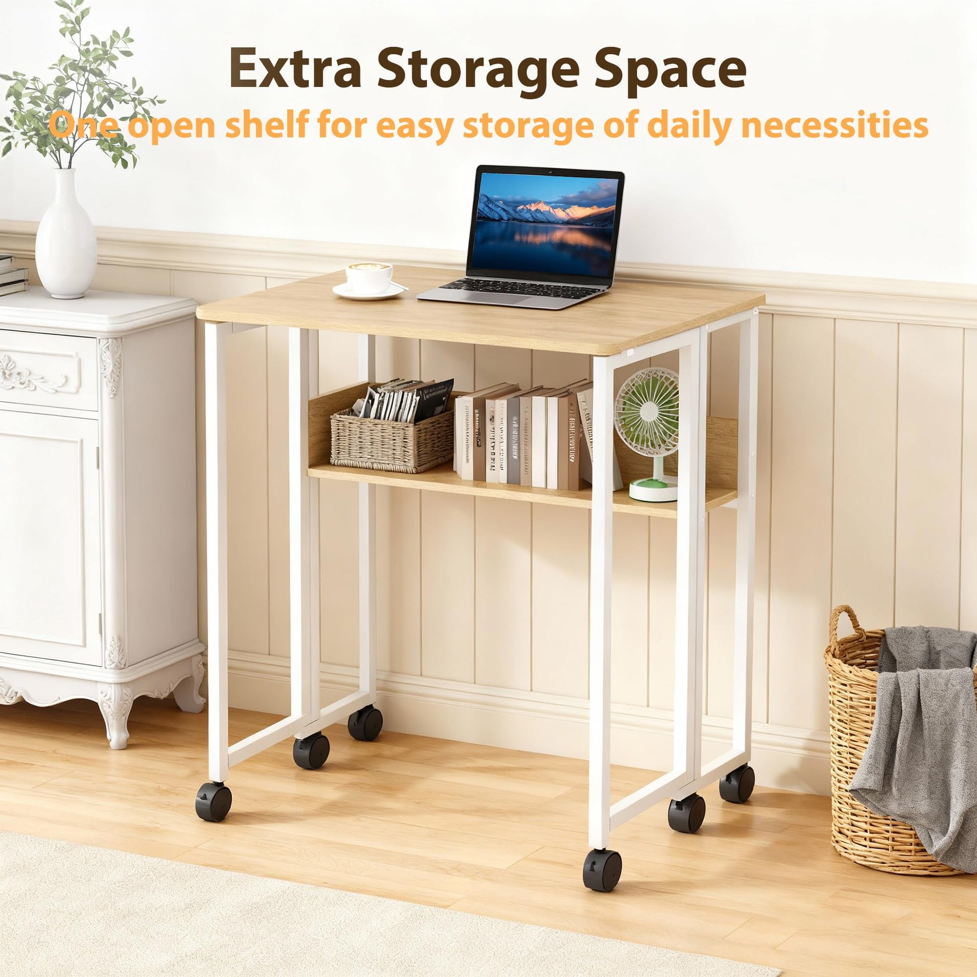 Bureau pliable à roulettes Garvee, compact (80 cm), idéal pour le bureau à domicile et les études, structure en acier, noir.