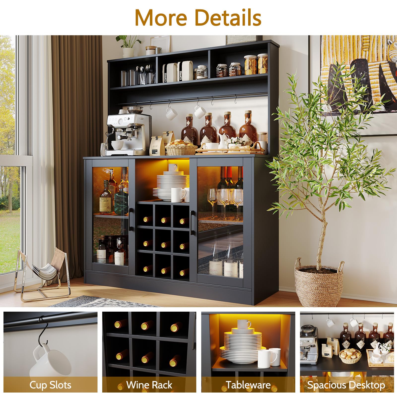 Meuble bar à vin Garvee avec éclairage LED et prise, 9 casiers à bouteilles et 6 crochets, en bois aggloméré, pour cuisine et salon, étagère réglable, design moderne