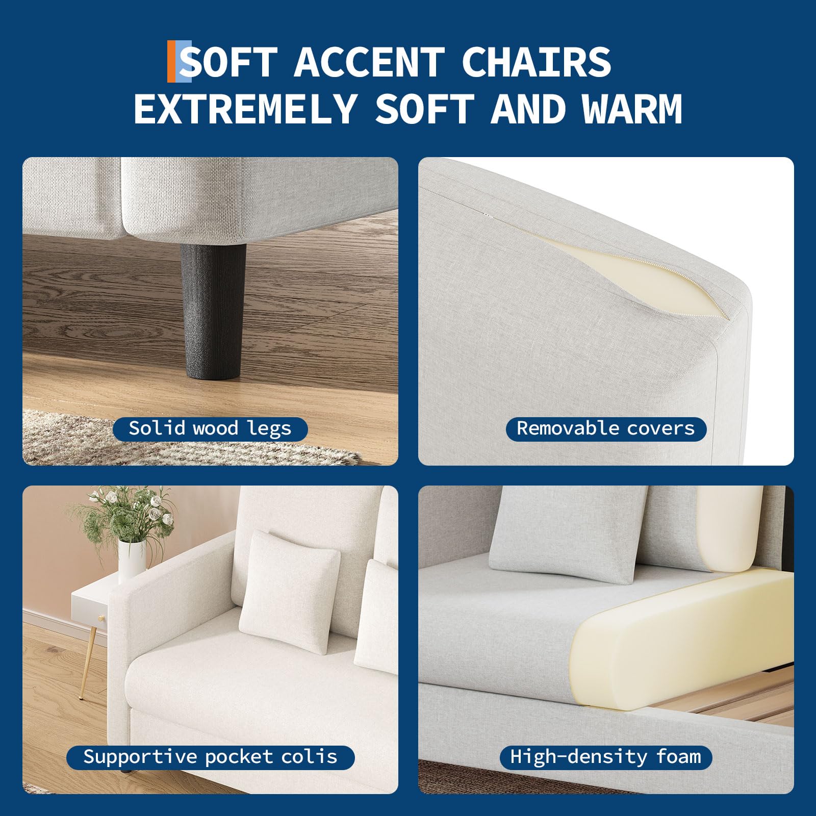Canapé deux places Garvee 52" avec ressorts ensachés de 7,5", dossier ergonomique, structure en bois massif, beige, pour salon et chambre