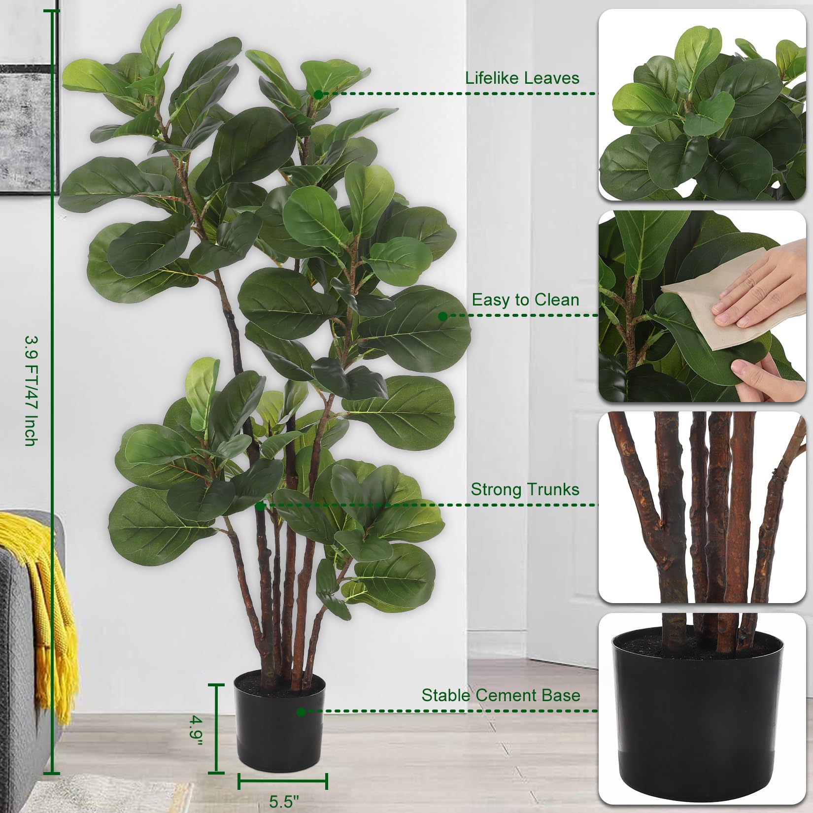 Ficus lyrata artificiel Garvee de 120 cm (4 pi) avec 72 feuilles et pot en ciment robuste, idéal pour la maison et le bureau. Entretien facile. Vert foncé.