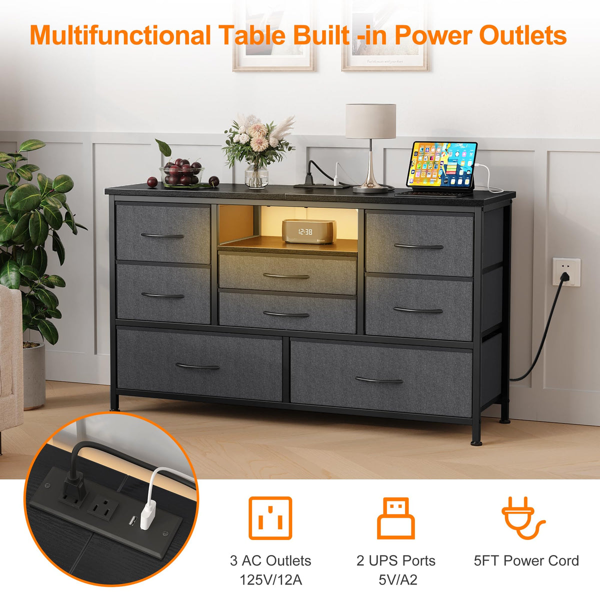 Garvee Meuble TV à 8 tiroirs en tissu avec prises LED pour chambre ou salon, compatible TV 140 cm, MDF beige