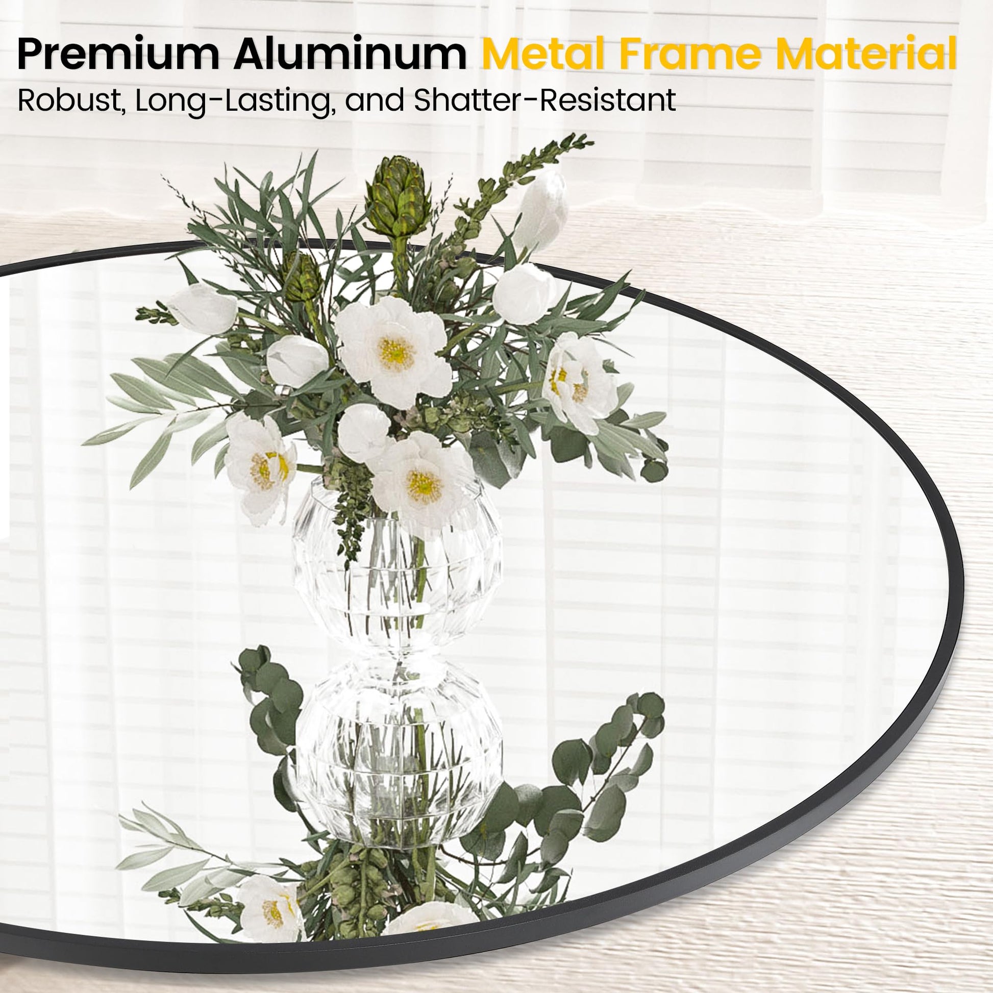Miroir mural rond noir Garvee 91 cm (36 pouces), cadre en métal, verre 5 mm, style moderne, idéal pour salle de bain et salon.