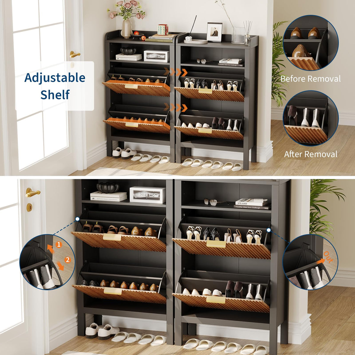 Meuble à chaussures Garvee avec 2 tiroirs abattants, design cannelé, MDF et métal, pour entrée et salon, grand format, blanc