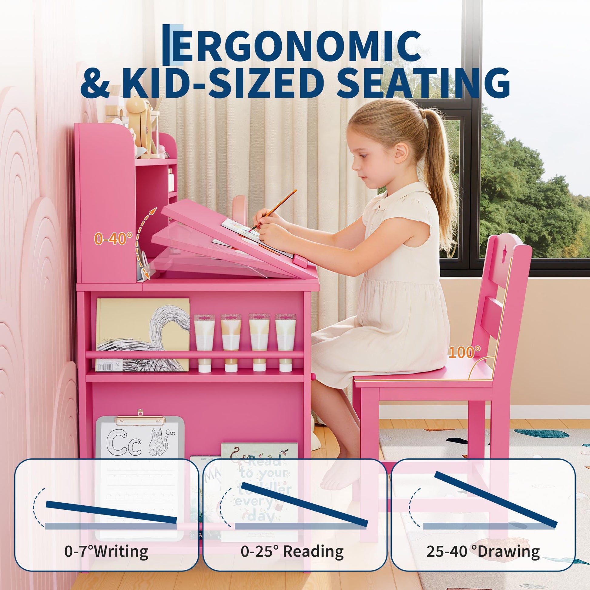 Garvee Bureau enfant ergonomique rose avec chaise, plateau inclinable et meuble de rangement, idéal pour étude, devoirs et activités créatives