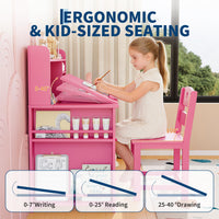 Garvee Bureau enfant ergonomique rose avec chaise, plateau inclinable et meuble de rangement, idéal pour étude, devoirs et activités créatives