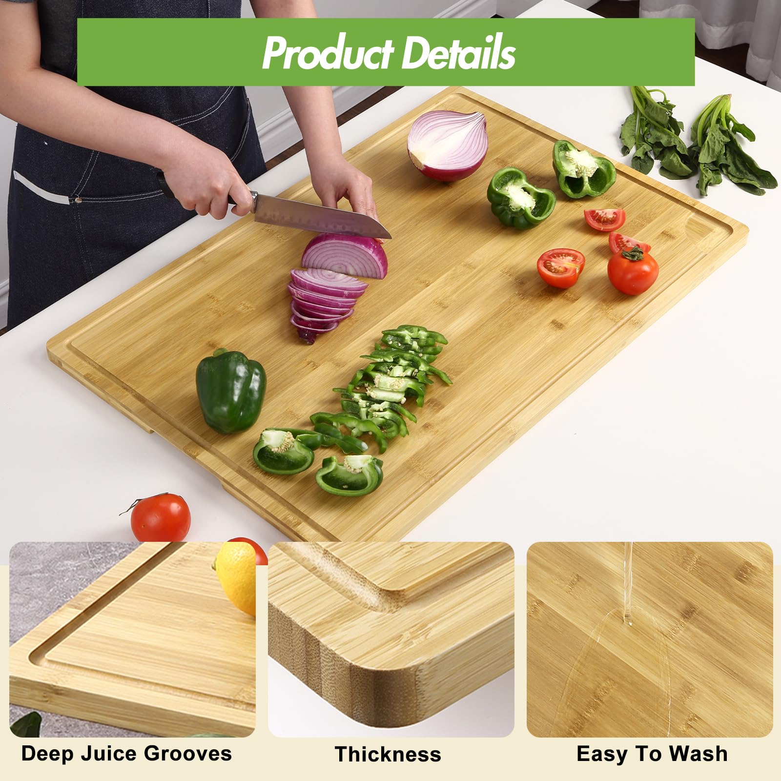 Planche à découper Garvee en bambou 30 x 20 pouces avec rigole à jus et poignée pour cuisines domestiques et professionnelles. Bois naturel, robuste et polyvalente.