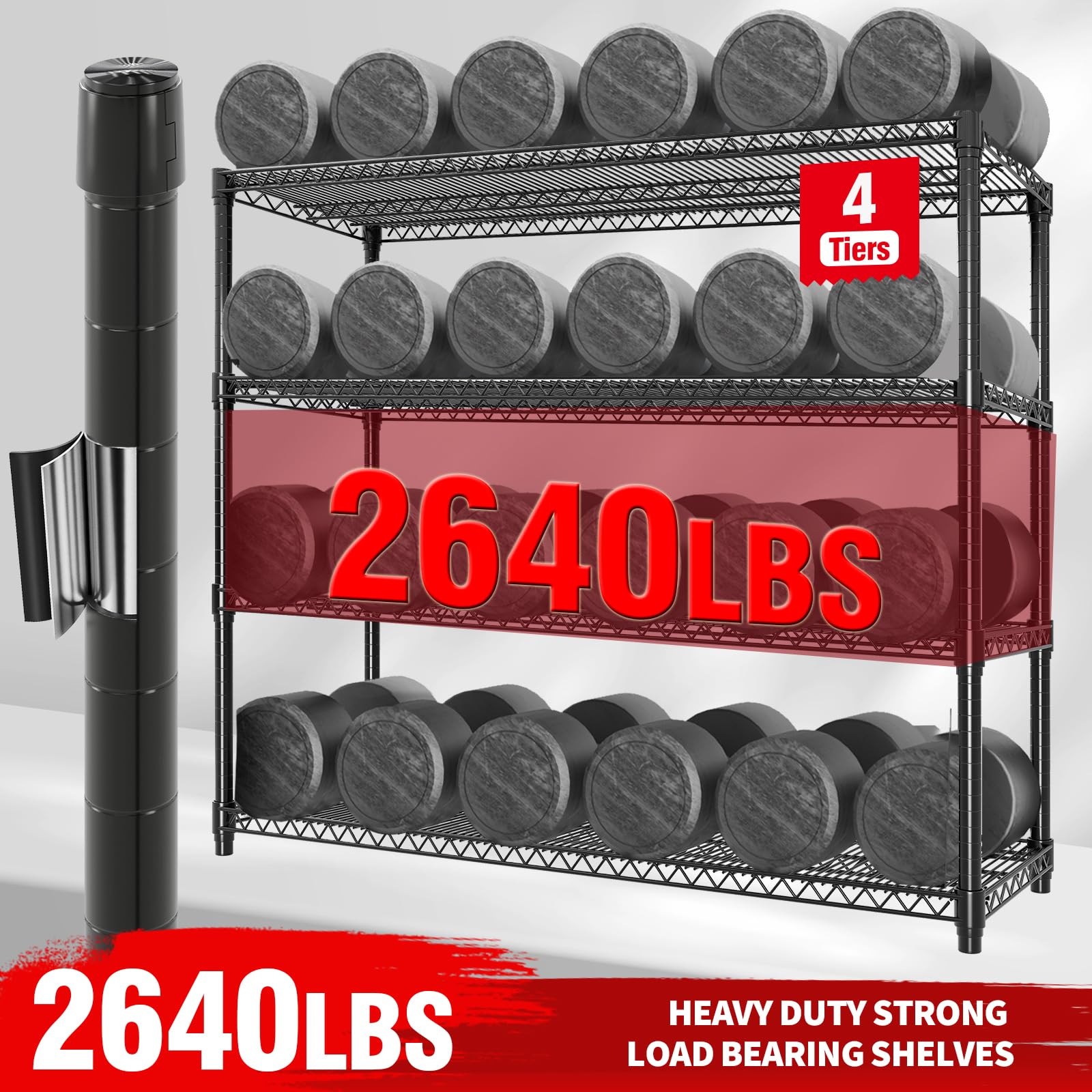 Étagère robuste Garvee 71 po H, capacité de 2 640 lb, 4 niveaux, acier, roulettes et pieds, pour garage et entrepôt, 59 po L x 17,7 po P, grise