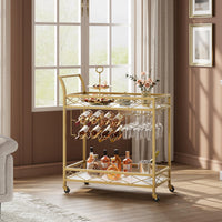 Chariot de bar Garvee Gold avec 2 étagères, casier à vin et porte-verres, structure en fer, étagères en marbre blanc et bois, 4 roues, pour cuisine et salon