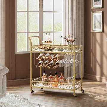 Chariot de bar Garvee Gold avec 2 étagères, casier à vin et porte-verres, structure en fer, étagères en marbre blanc et bois, 4 roues, pour cuisine et salon