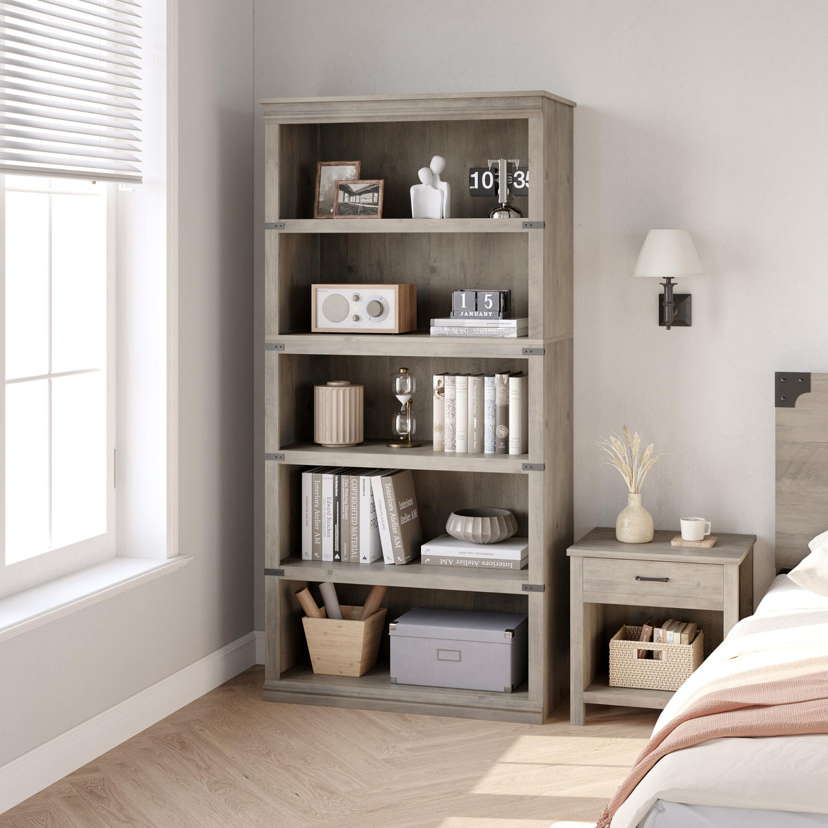 Garvee bibliothèque étroite 116 × 46 × 23 cm, 5 niveaux en MDF et bois, finition grise