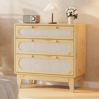 Commode Garvee à 3 tiroirs, bois et rotin, design moderne, salon et chambre, chêne clair, robuste et polyvalente