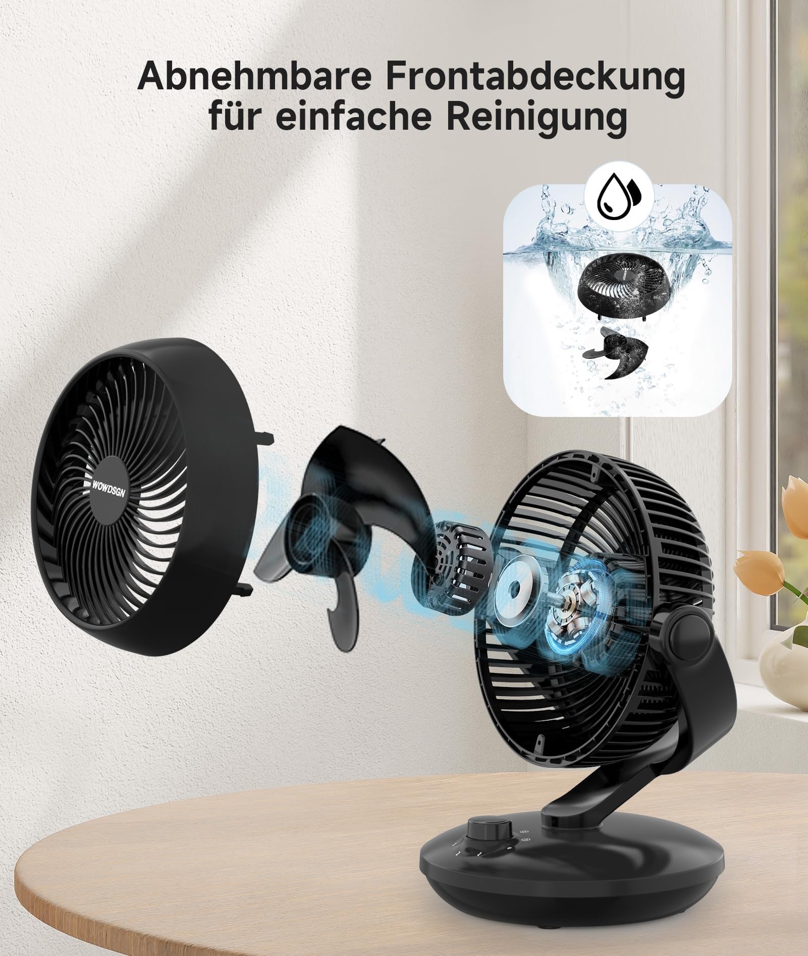 Ventilateur de table silencieux Garvee 24 dB avec oscillation 3D, circulation d'air turbo, 3 vitesses, noir, compact, pour bureau et chambre