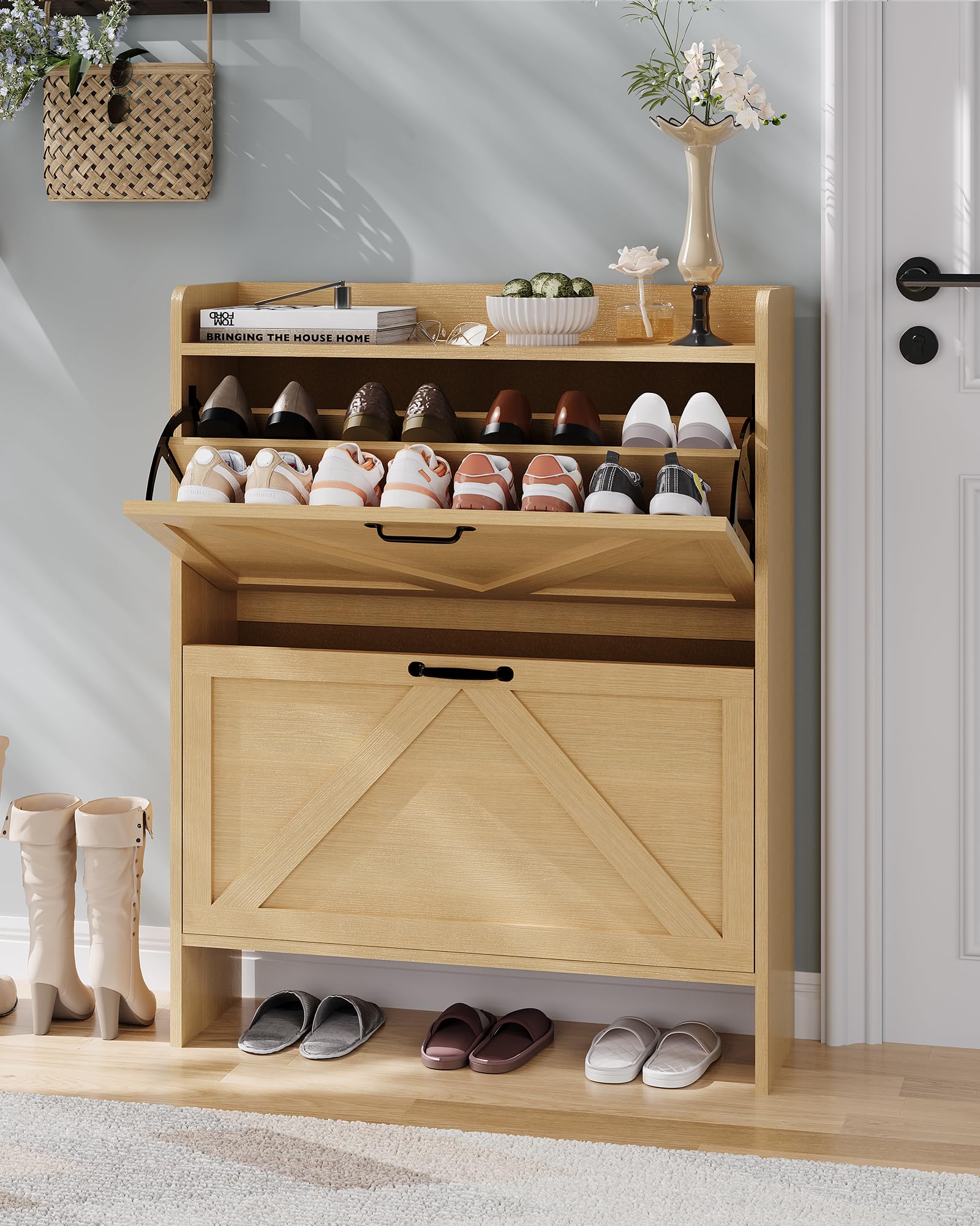 Rangement à chaussures Garvee avec 2 tiroirs pliables, marron rustique, pour entrée et couloir, durable, gain de place, en bois