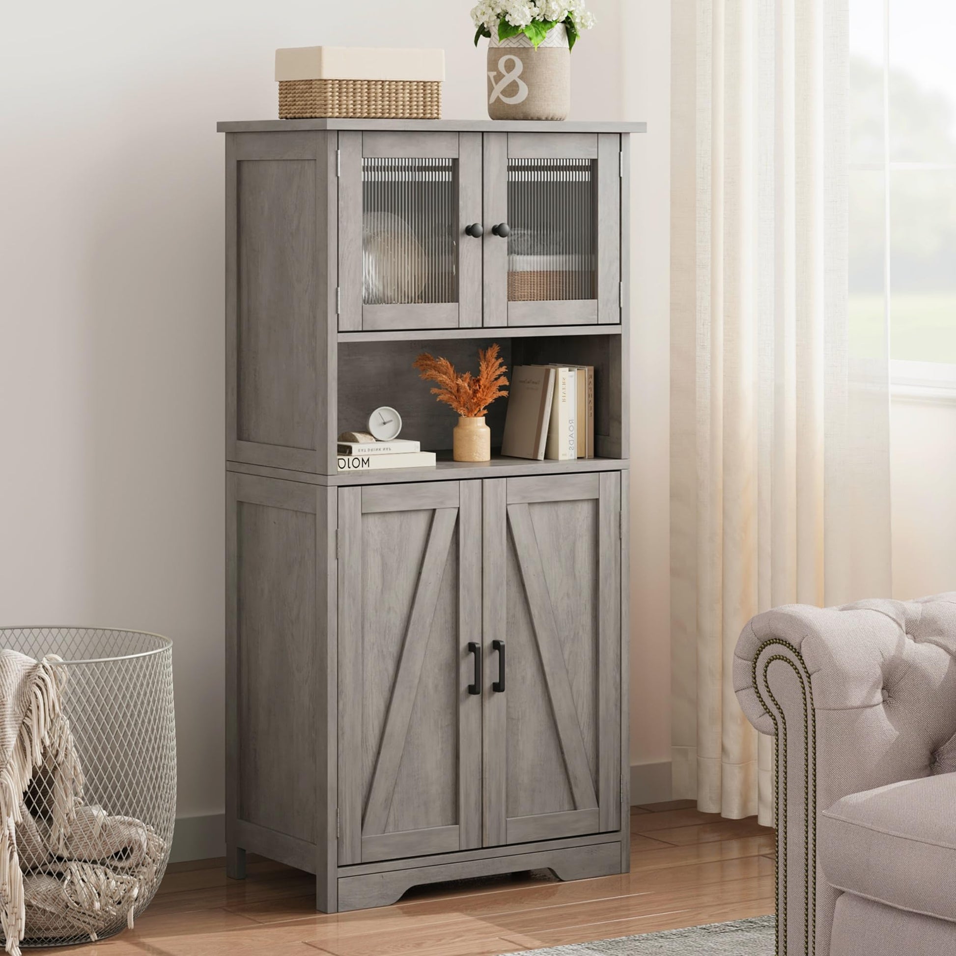 Armoire de salle de bain haute Garvee à 4 portes, étagères réglables, MDF, grise, pour cuisine et salon, autoportante, 60 x 30 x 128 cm