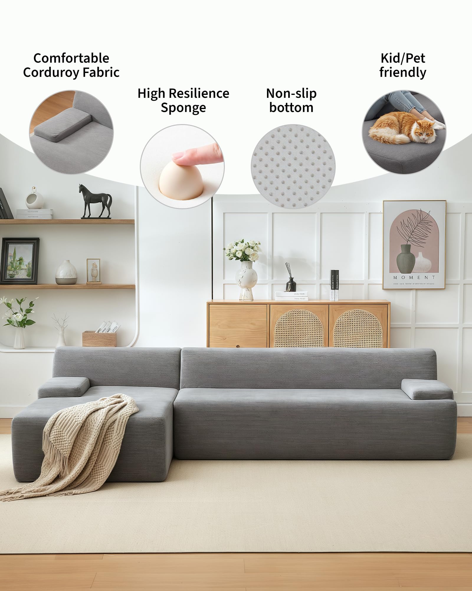 Canapé d'angle Garvee Cloud 108" avec méridienne, canapé ultra-doux sans ossature, tissu velours côtelé, forme en L, super moelleux, salon