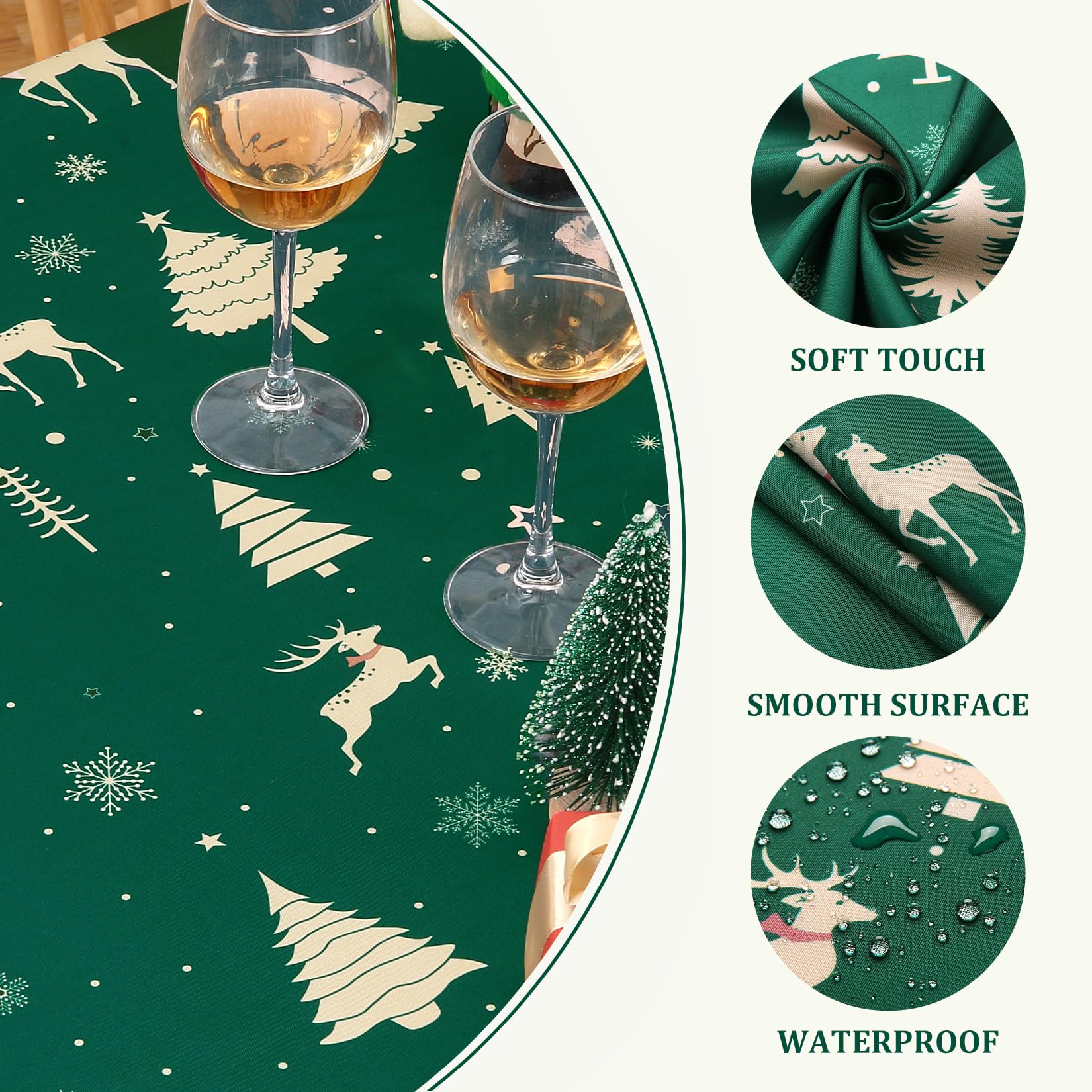 Nappe de Noël ronde Garvee 152 cm verte, imperméable et lavable, en polyester, idéale pour les fêtes, la cuisine et la salle à manger.