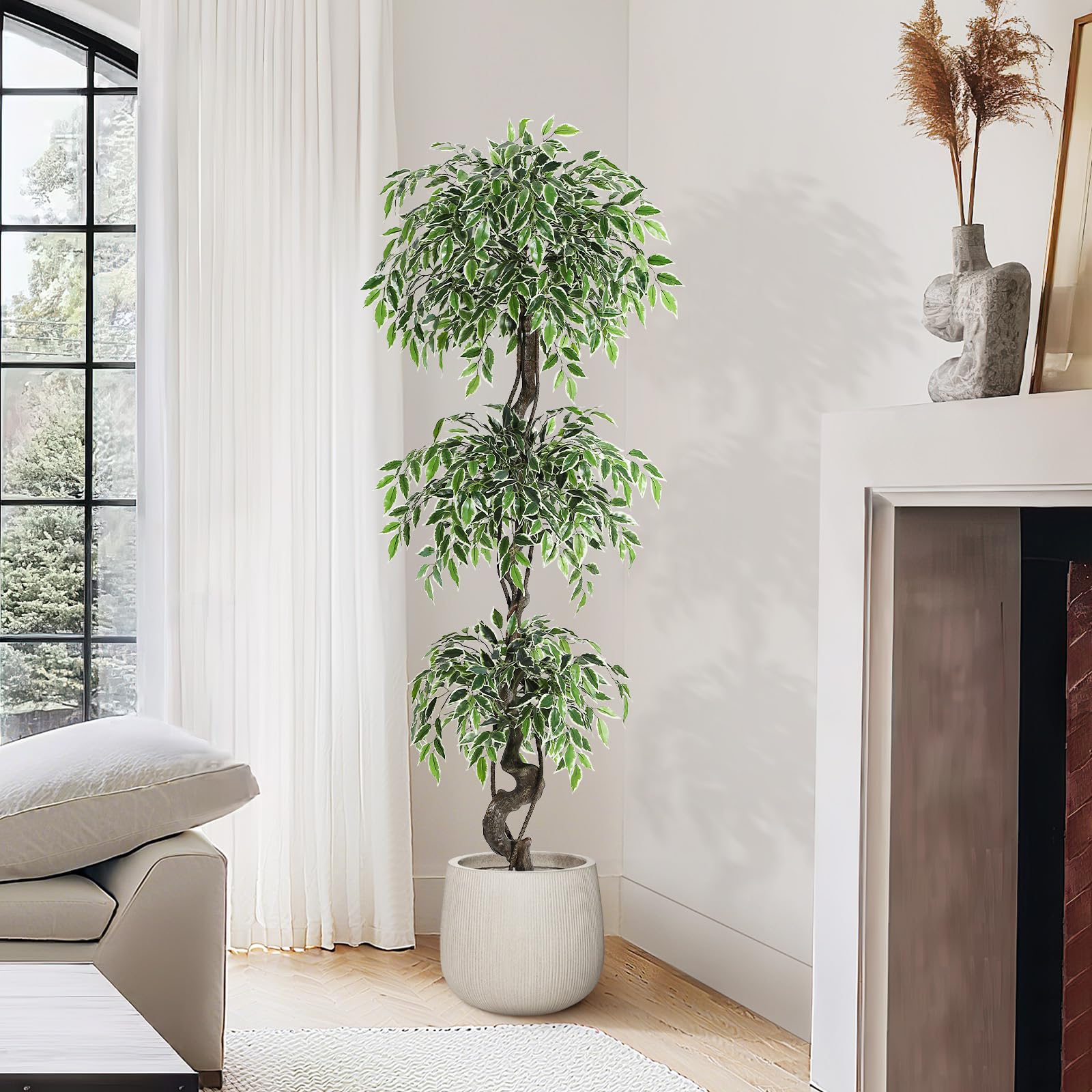 Garvee Ficus artificiel panaché blanc 180 cm en PE, feuillage réaliste et durable pour décoration intérieure et extérieure