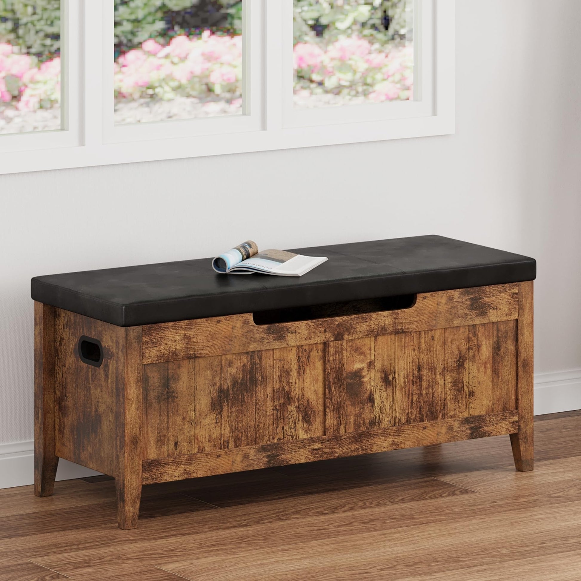 Coffre-banc de rangement Garvee en bois avec charnières de sécurité, assise rembourrée et poignées ergonomiques, idéal pour le salon et la chambre, 100 cm (39,4 po), marron.