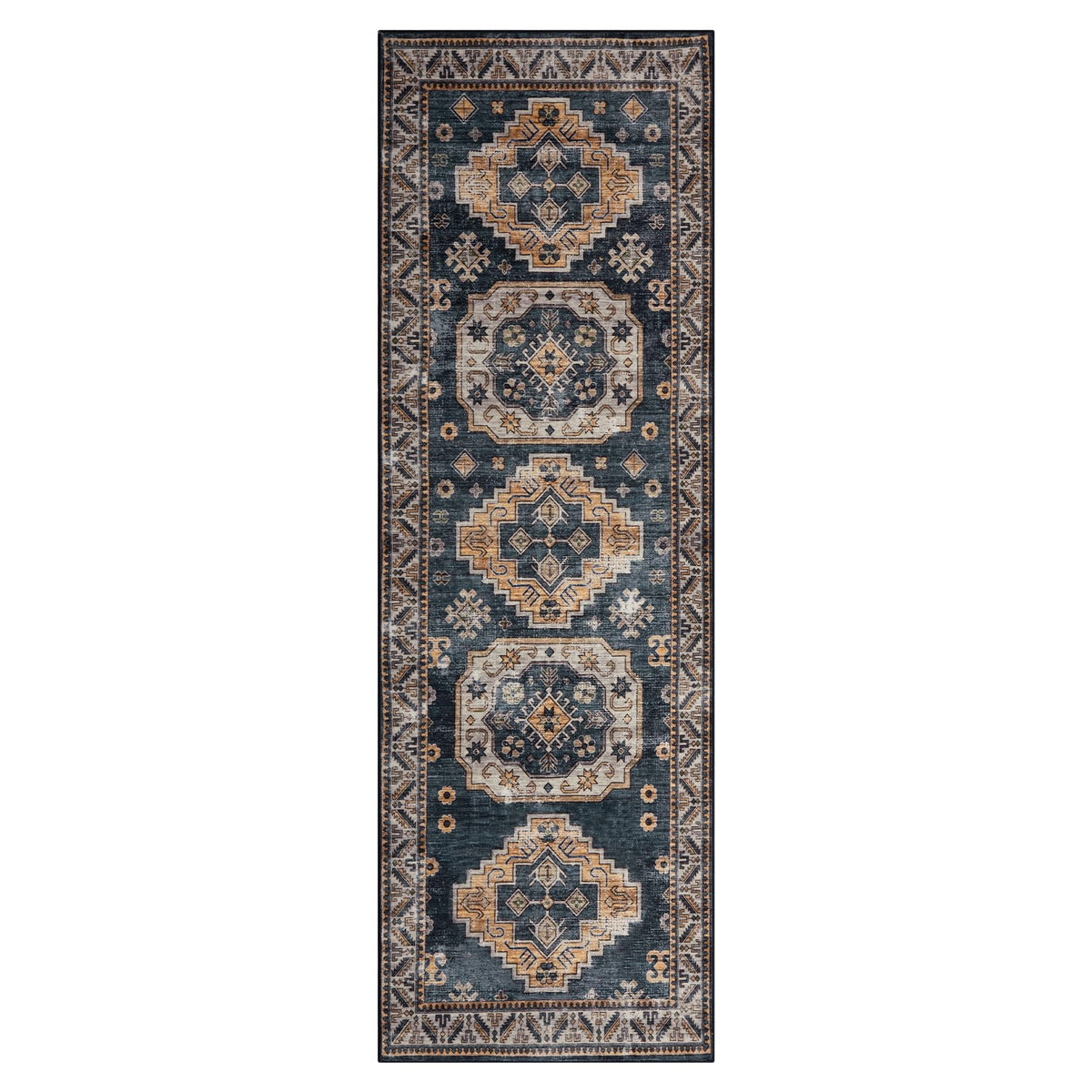 Tapis de salon vintage Garvee, doux, lavable, style campagnard oriental, bleu marine, 60 x 230 cm