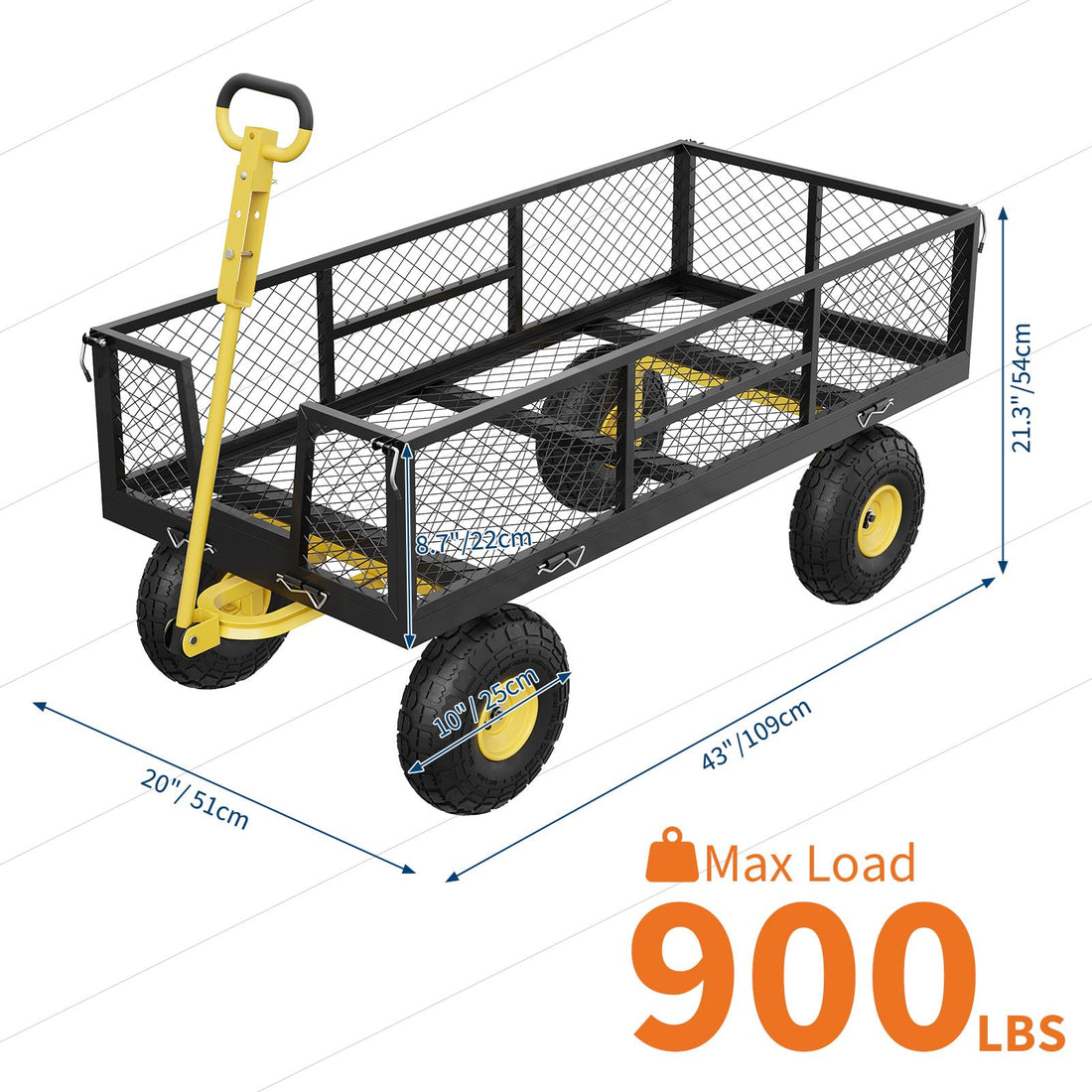 Garvee chariot de jardin 408 kg, acier robuste 109 × 51 cm, côtés grillagés amovibles, poignée réglable, pneus 25 cm