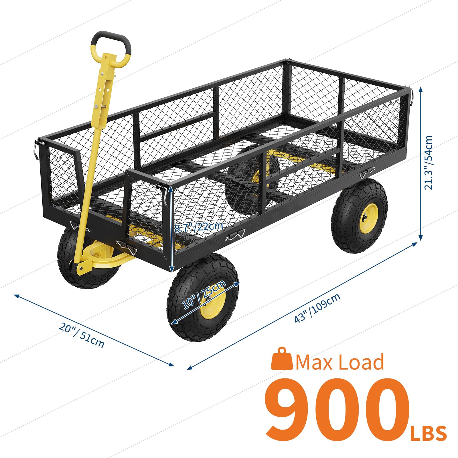 Chariot de jardin GARVEE 408 kg (900 lb), acier robuste 109 × 51 cm, côtés grillagés amovibles, poignée réglable, pneus 25 cm
