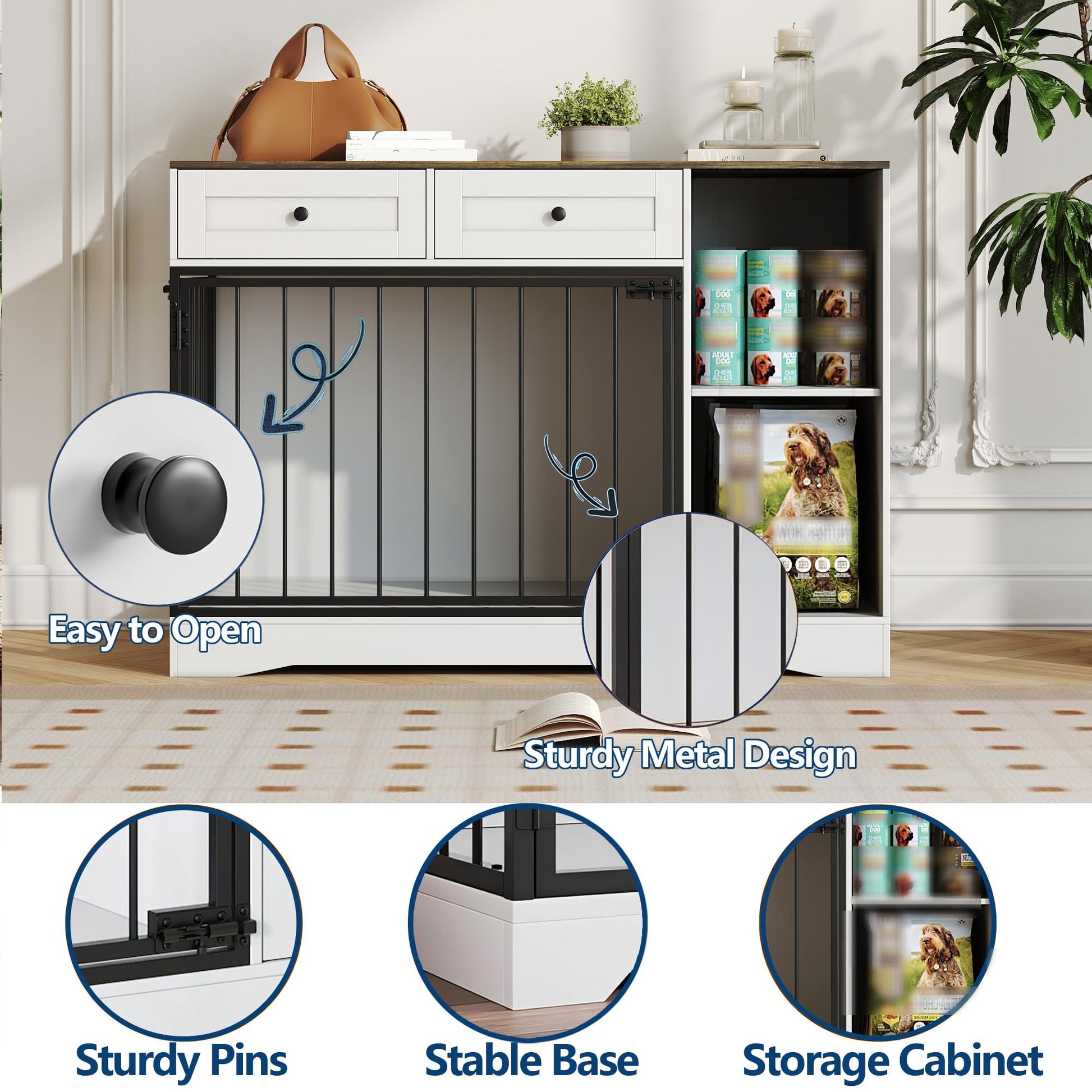 Meuble cage pour chien Garvee 47" style ferme avec double porte, 2 tiroirs et rangement, bois et métal, cage d'intérieur moderne, meuble TV, buffet pour chiens de petite et moyenne taille, marron