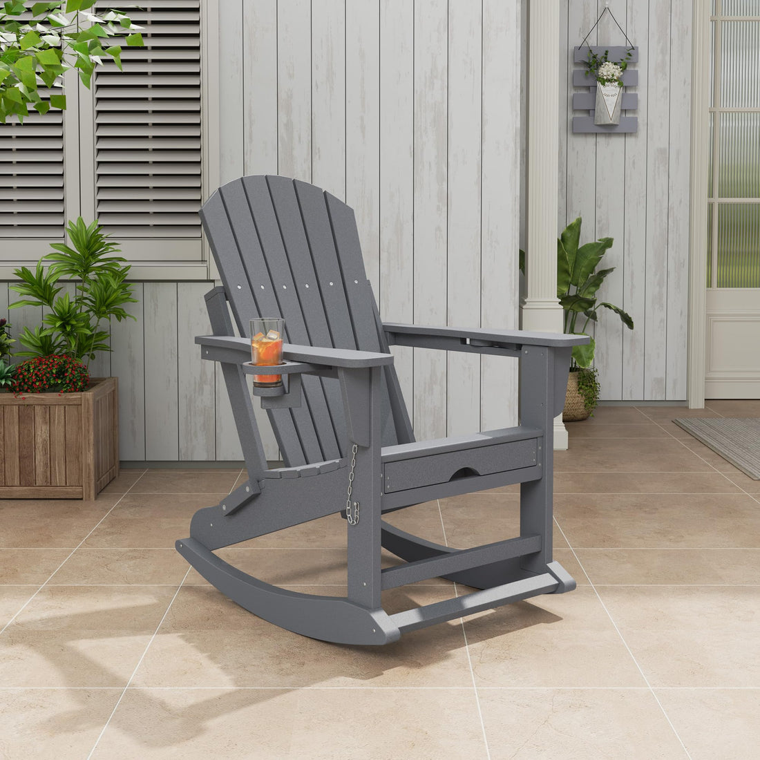 Garvee Fauteuil Adirondack 4 en 1 avec repose-pieds rétractable et porte-gobelet, pliable, HDPE résistant, pour patio et jardin, coloris naturel