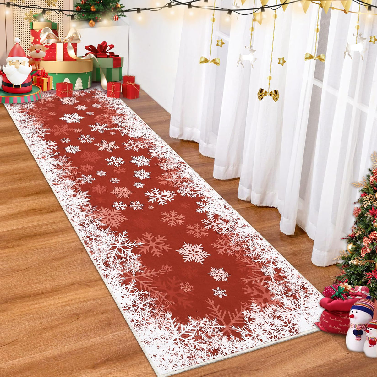 Tapis de Noël romantique Garvee à motif flocons de neige dégradés, antidérapant, pour salle à manger, chambre, cuisine, couloir, bureau, 60 x 180 cm, rouge