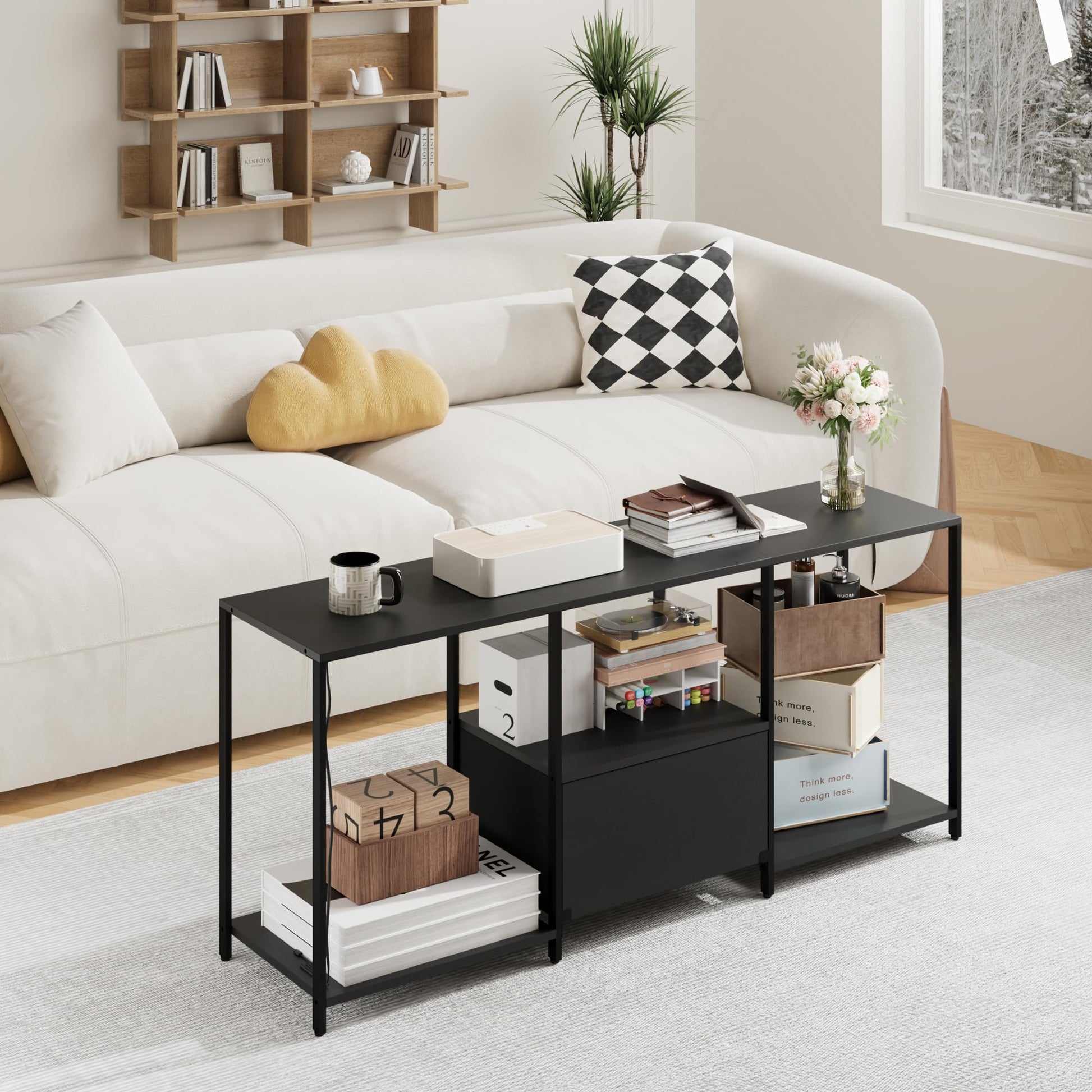 Meuble TV Garvee 55 pouces avec éclairage LED, étagère ouverte, tiroir en tissu, meuble multimédia noir pour salon et chambre