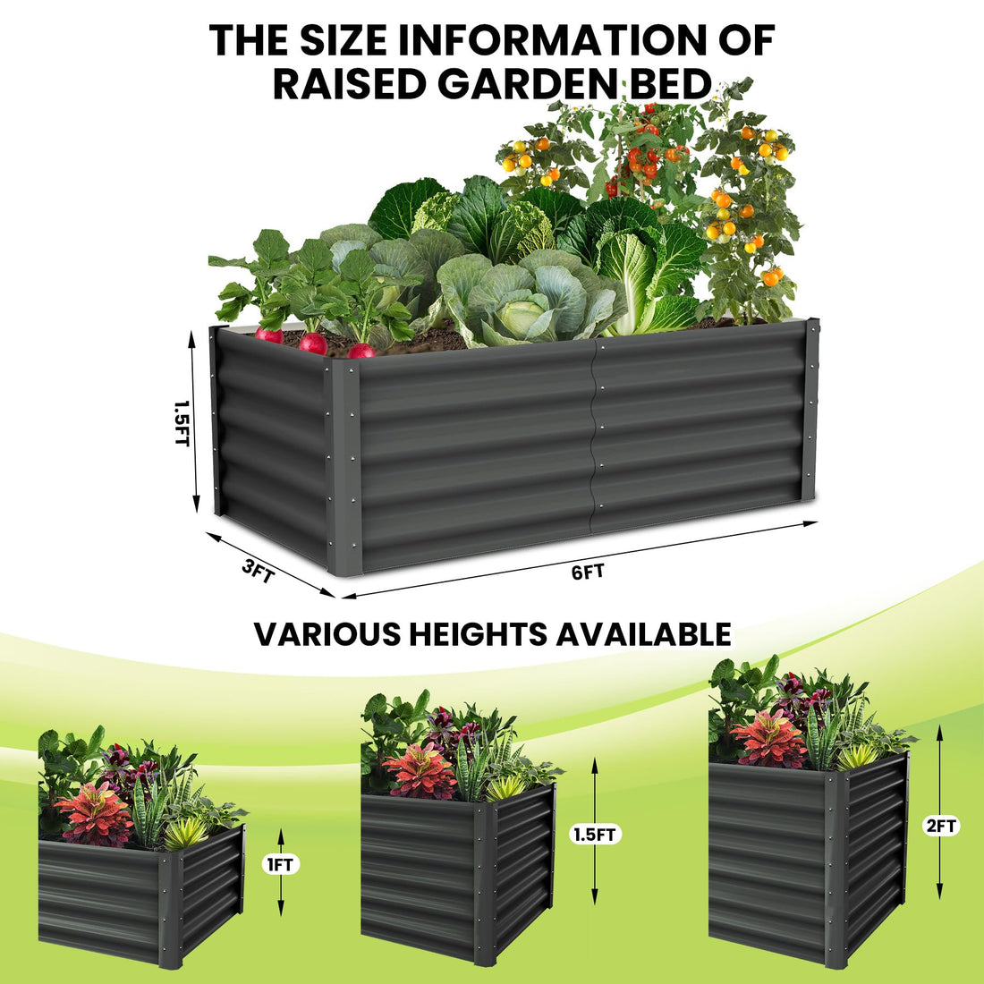 Jardinière surélevée galvanisée Garvee 182 x 91 x 46 cm (6 x 3 x 1,5 pi) - Construction robuste en acier - Protection antirouille - Fond ouvert - Coins de sécurité