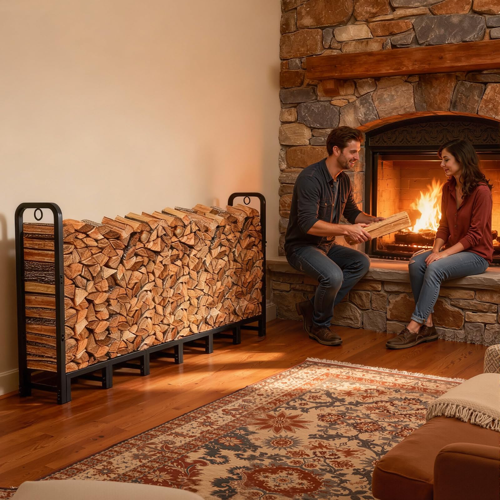 Support à bûches Garvee 244 x 30,5 x 105 cm, en métal, réglable, capacité de charge de 300 kg, revêtement en poudre, pour une utilisation intérieure et extérieure, noir.