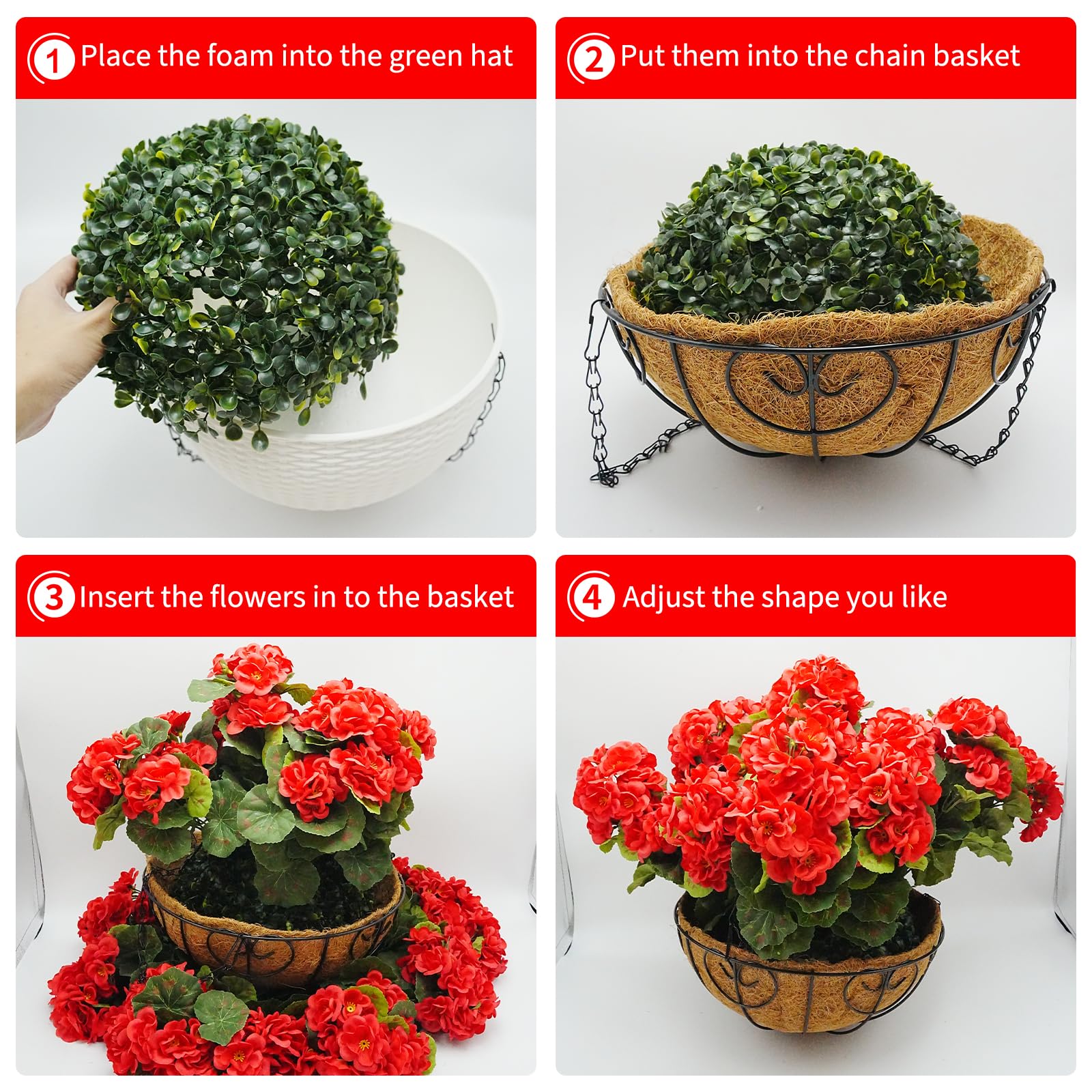 Garvee Lot de 2 fleurs de géranium artificielles, résistantes aux intempéries, panier marron, à suspendre, pour jardin et terrasse, réalistes, rouges