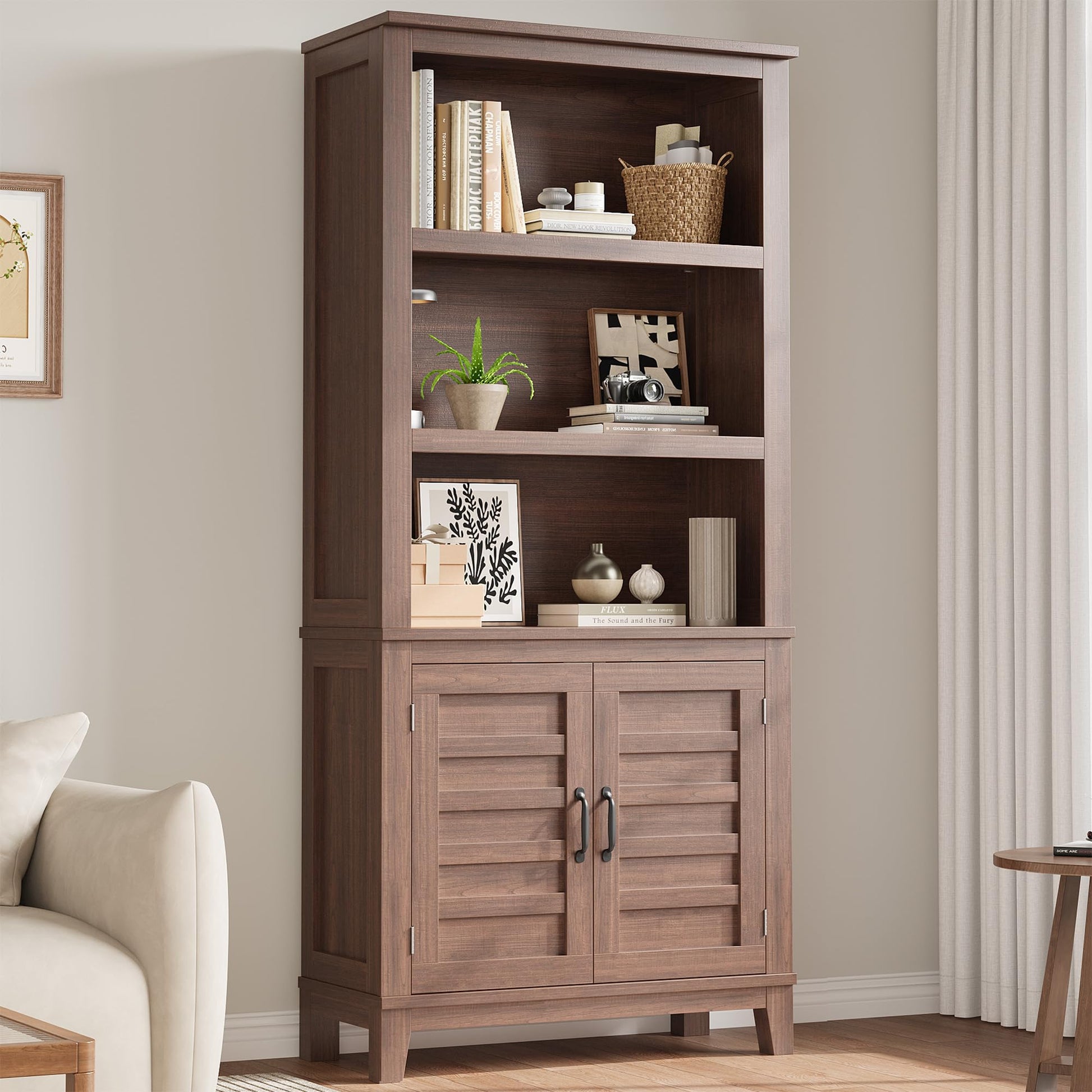 Garvee bibliothèque de style ferme 180 cm avec portes, 5 niveaux, en bois MDF robuste, aspect bois rétro, idéale pour le salon, le bureau ou la bibliothèque