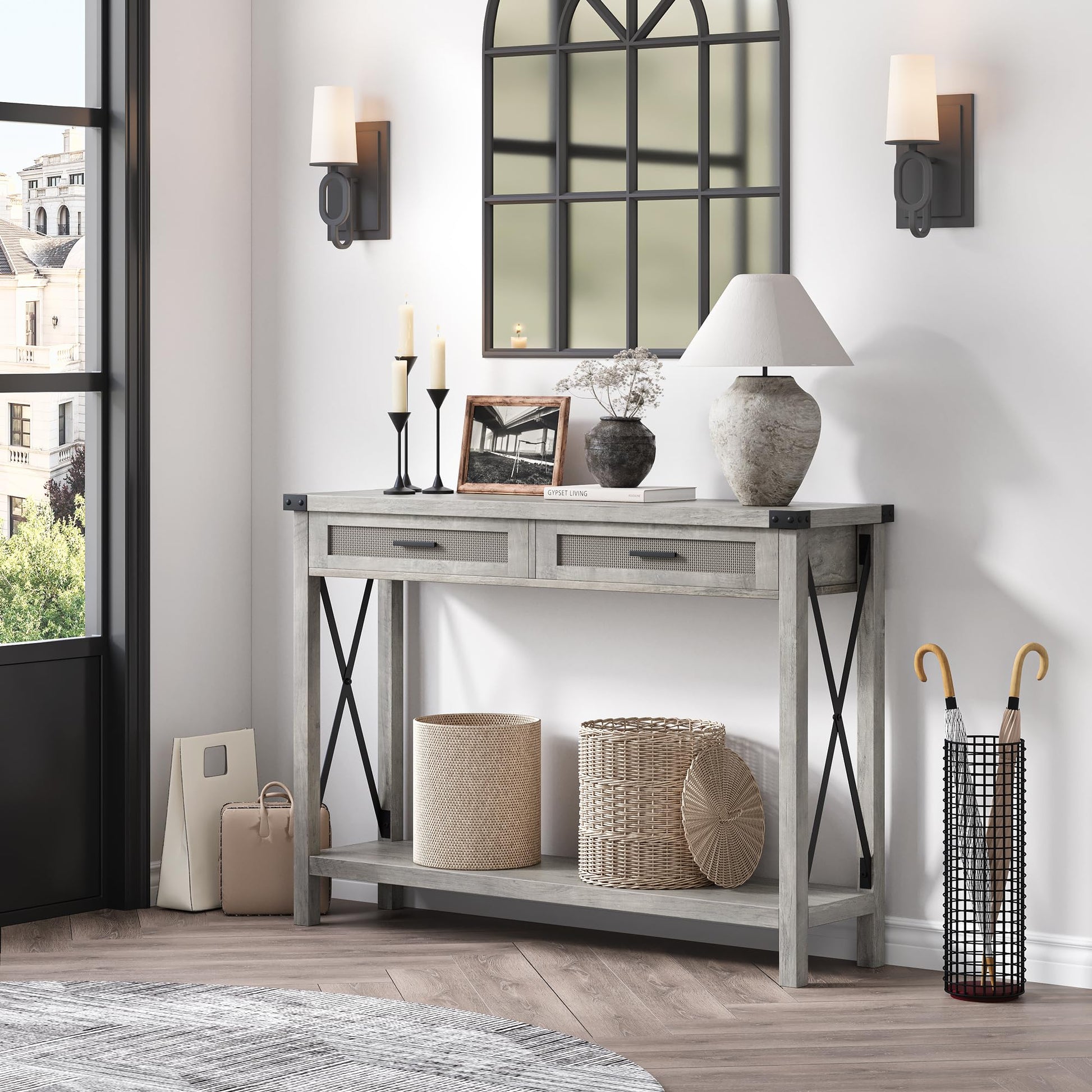 Console Garvee style ferme avec paniers en rotin, 109 cm, grise, idéale pour le salon et le couloir.