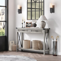 Console Garvee style ferme avec paniers en rotin, 109 cm, grise, idéale pour le salon et le couloir.