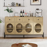 Buffet Garvee de 157 cm (62 pouces) avec 3 tiroirs et 4 portes vitrées, idéal pour la salle à manger et la cuisine. Bois robuste, tons naturels, étagères réglables et dispositif anti-basculement. - chêne