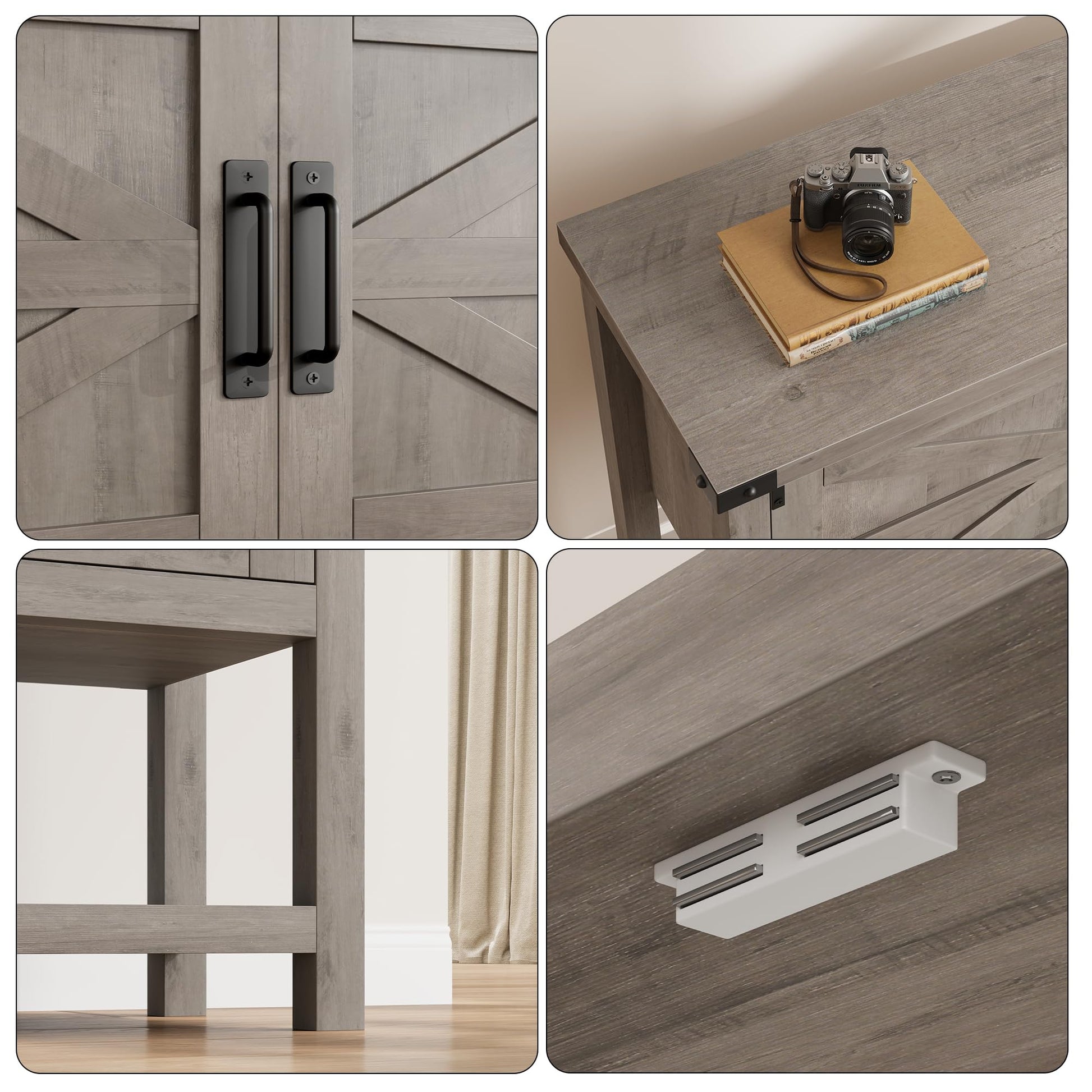 Console en bois Garvee style ferme avec 2 portes pour la cuisine et l'entrée, 80 x 36 x 86 cm, grise, robuste et multifonctionnelle